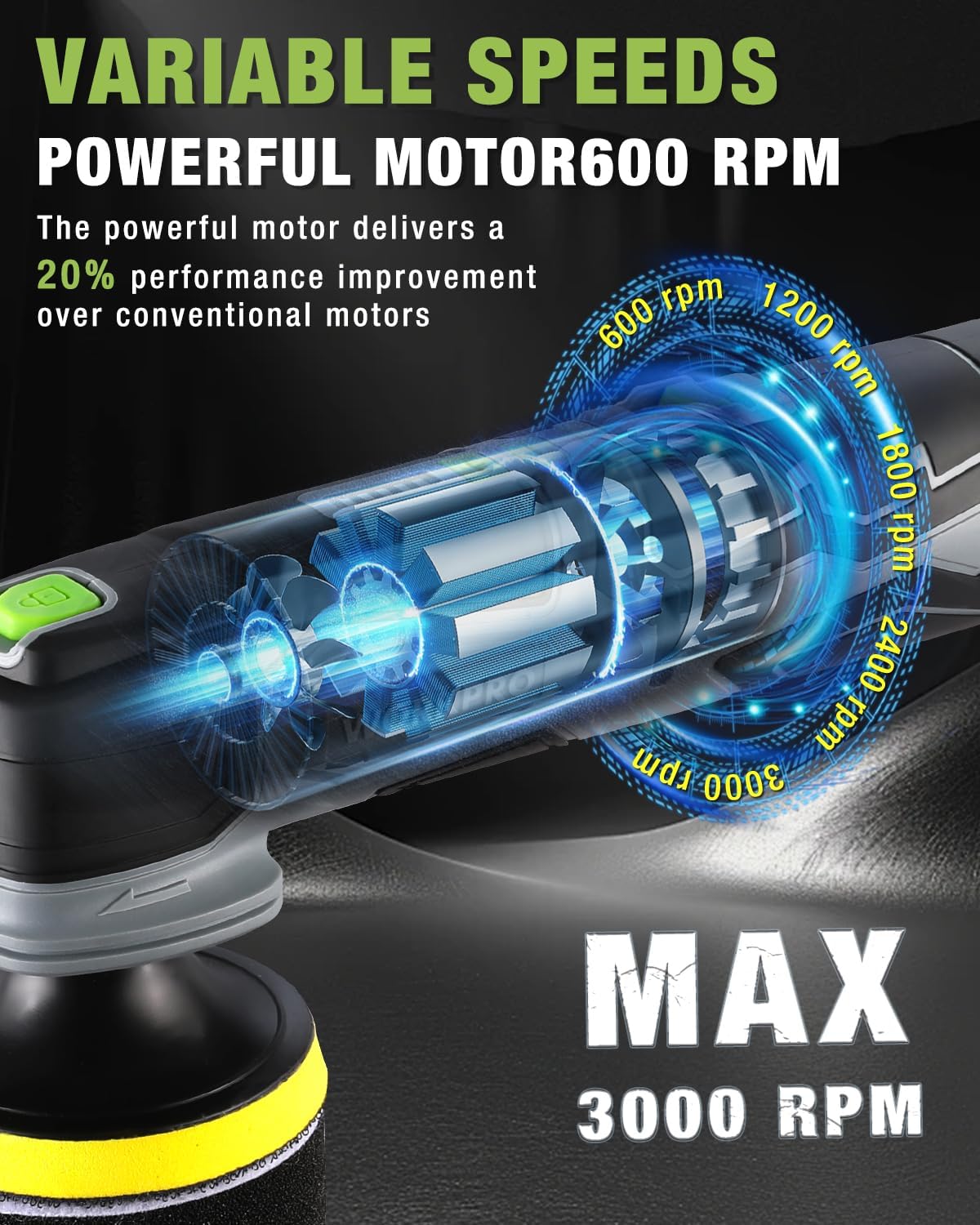 Cordless buffer polisher showing variable speed motor and max 3000 RPM design