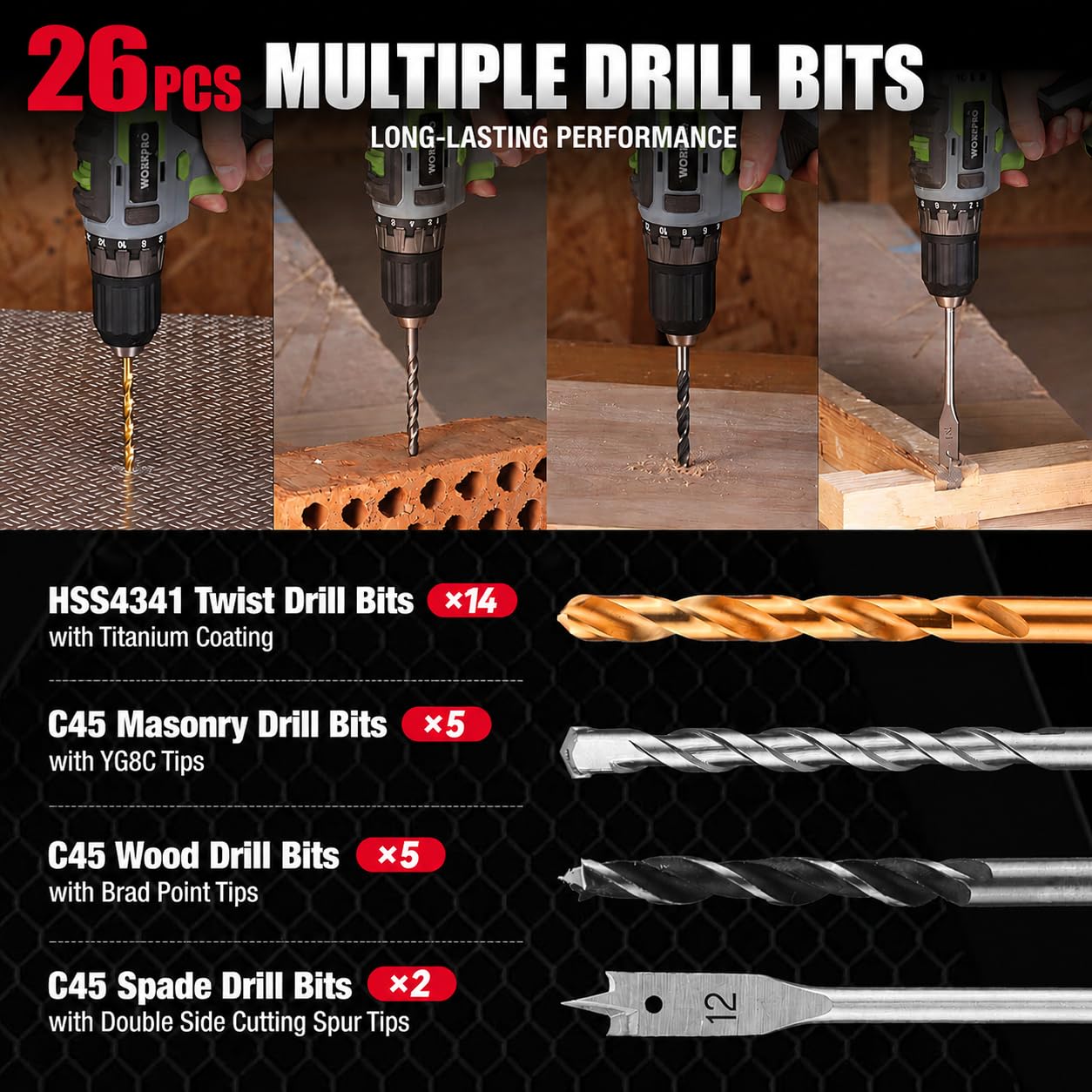 Assorted drill bits set showing different bit tips for wood, metal, and masonry