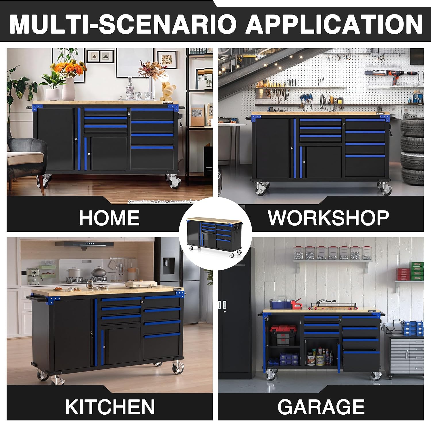 Blue and black rolling tool chest for home, workshop, and garage storage