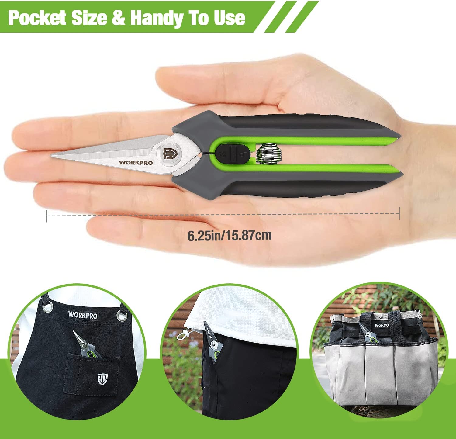 Pruning shears with black sheath, green handle and straight blades, shown with size on hand