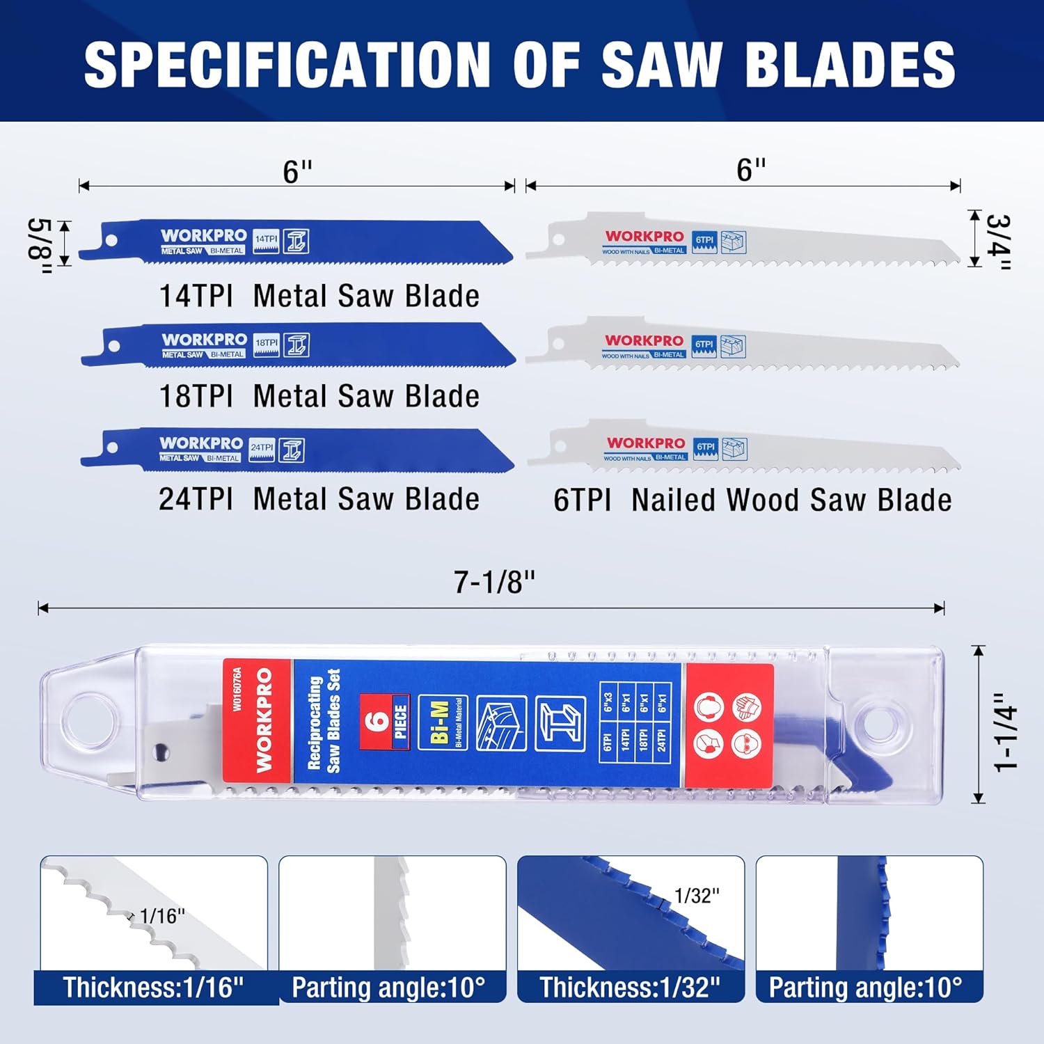 Reciprocating saw blades set in clear organizer case, mixed metal and nailed-wood types