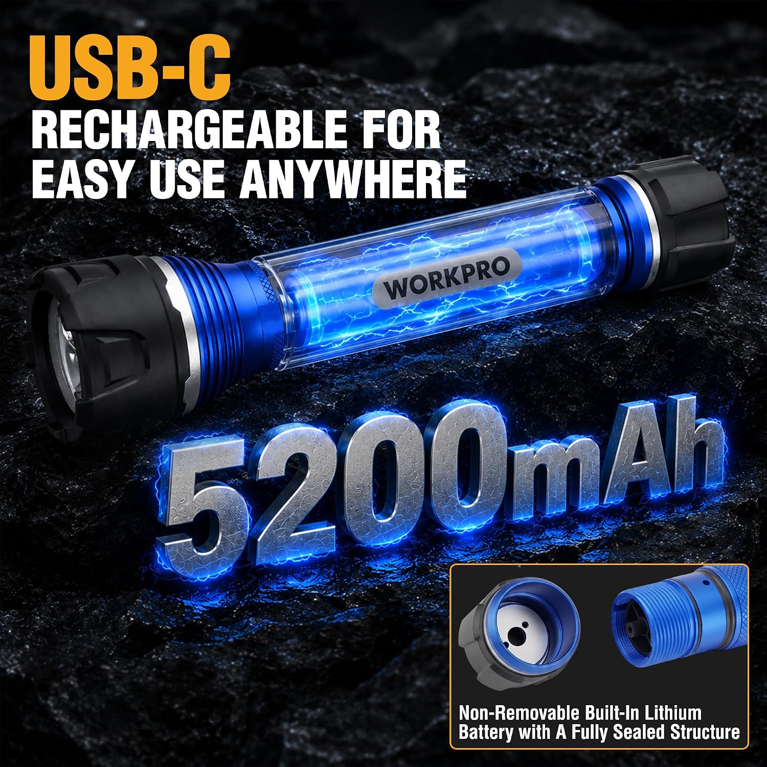 Blue rechargeable LED flashlight with USB-C style charging port and black bezel, handheld