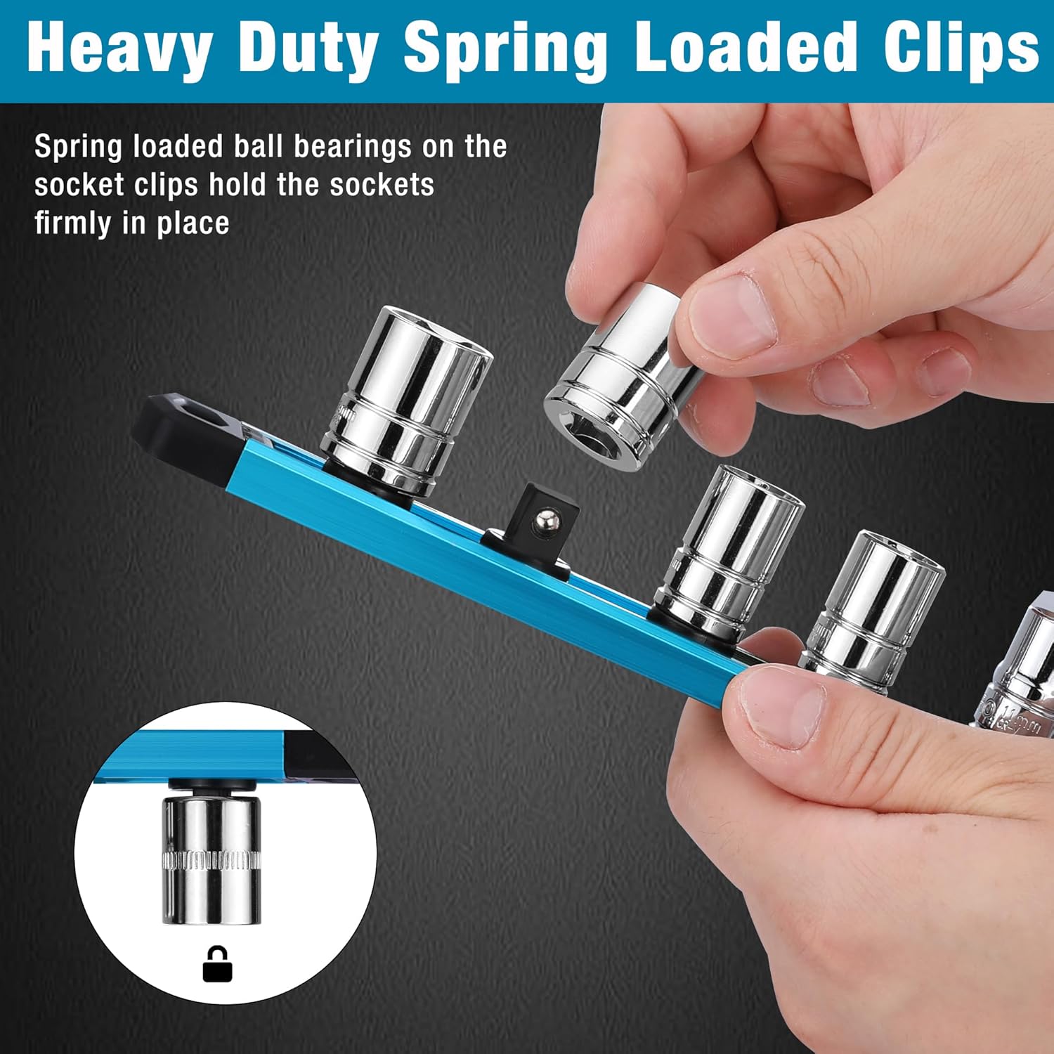Sky blue socket rack with spring-loaded black clips and chrome socket ends