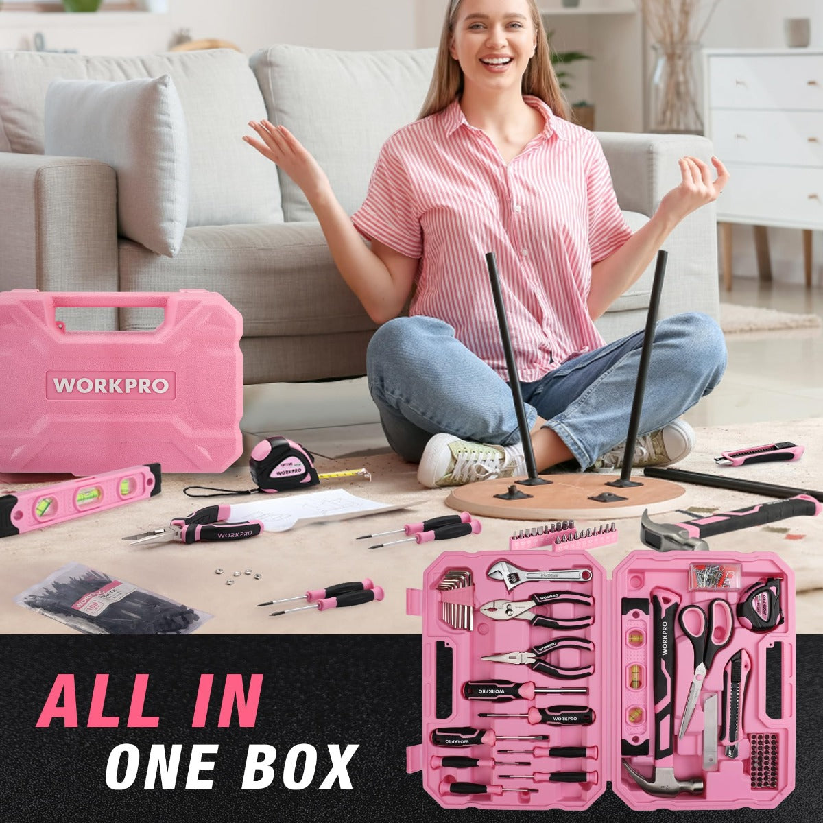 Pink household tool set all-in-one box with tools arranged inside open case