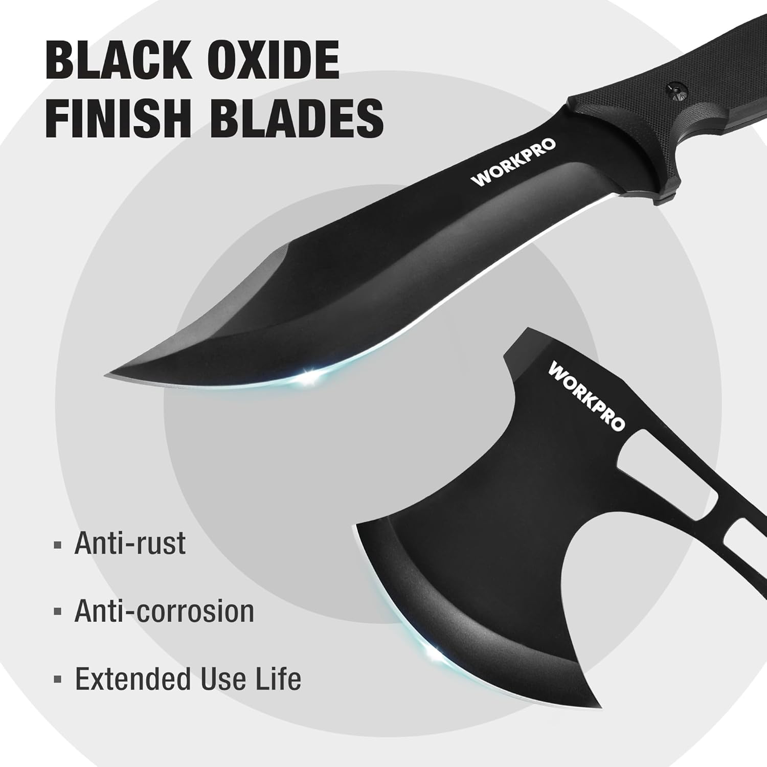 Black oxide finish fixed blade knife and hatchet axe with pointed edges