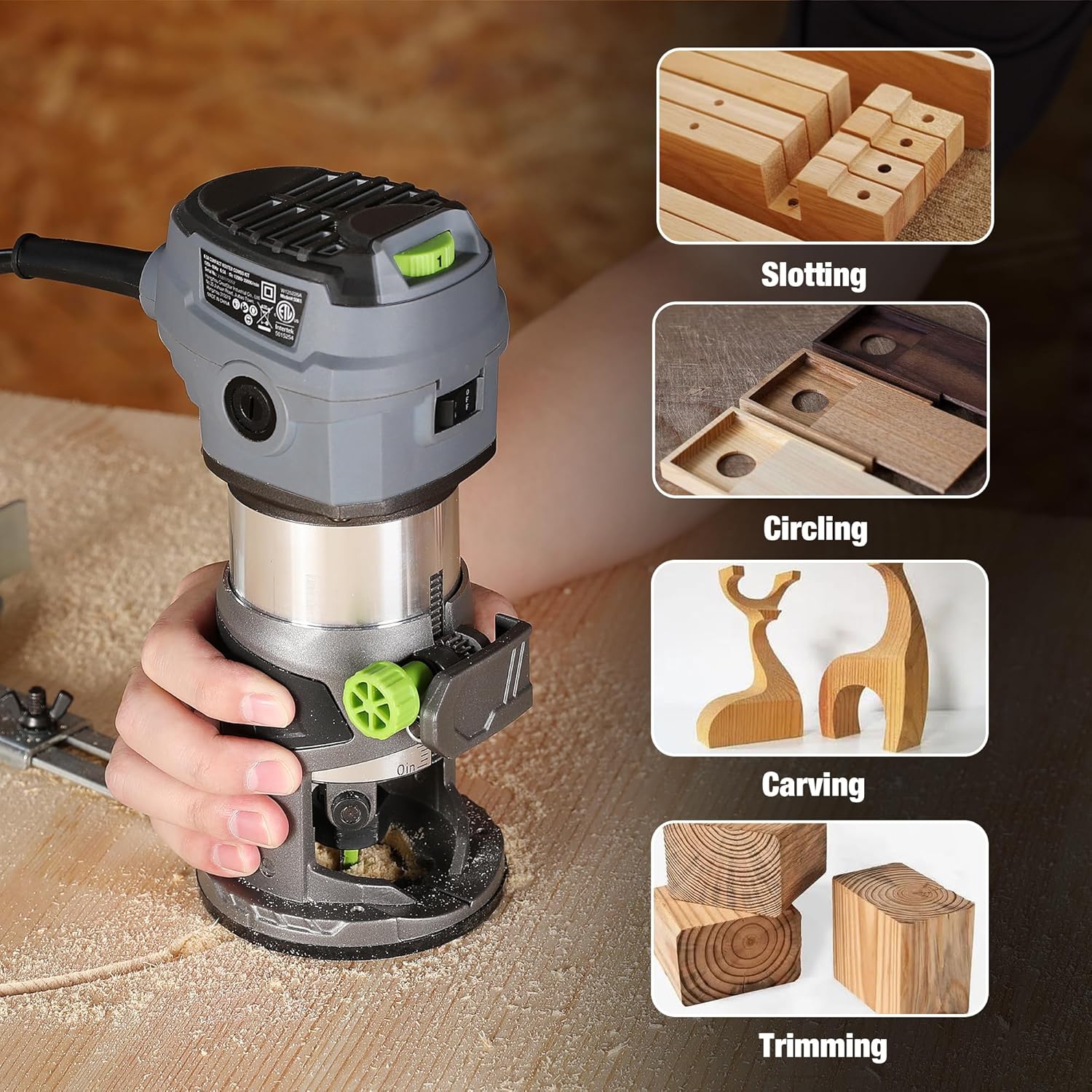 Handheld compact router trimming wood, black base and green depth adjustment knob