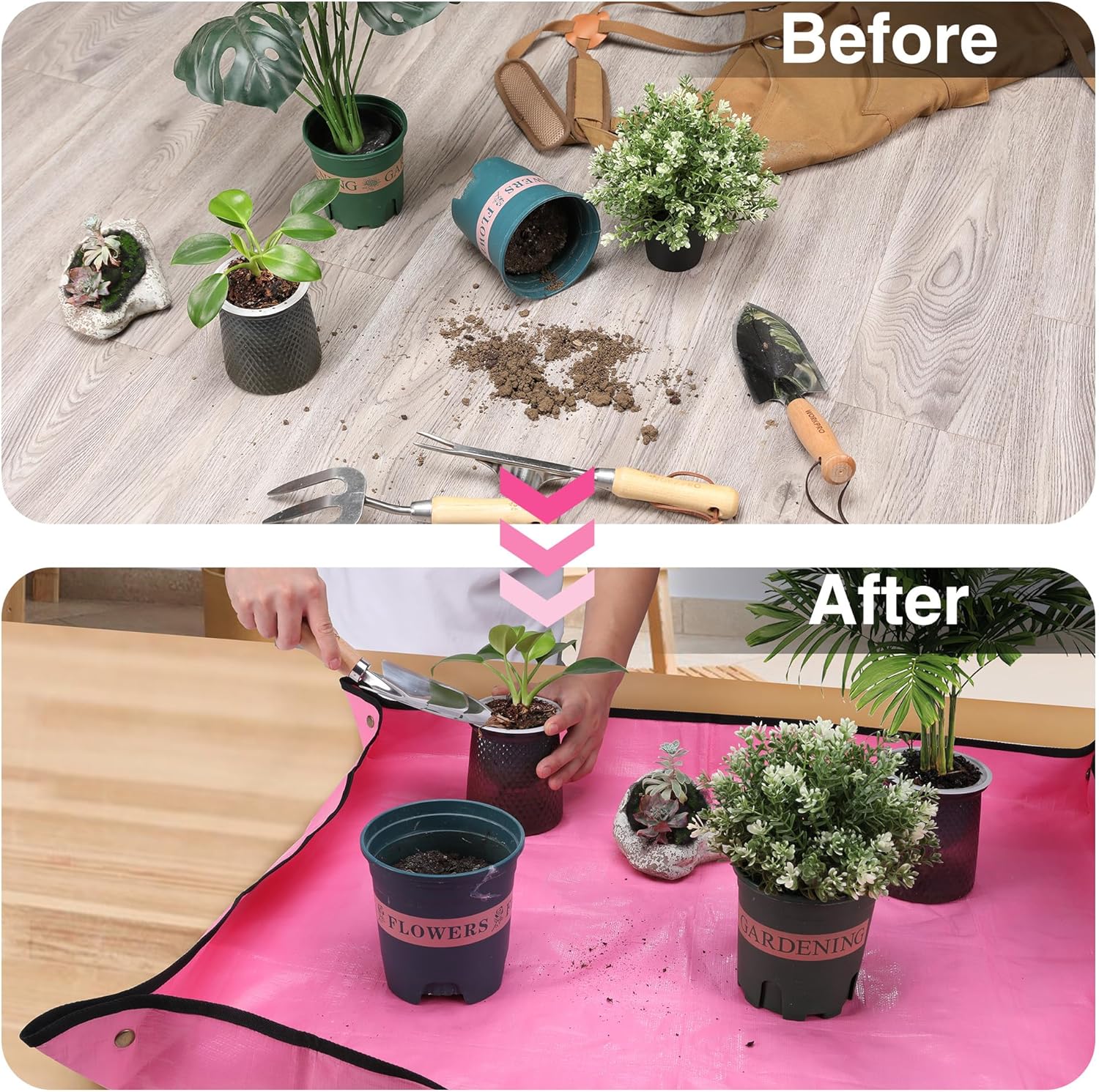 Pink waterproof potting mat with black trim for indoor plant repotting and mess control