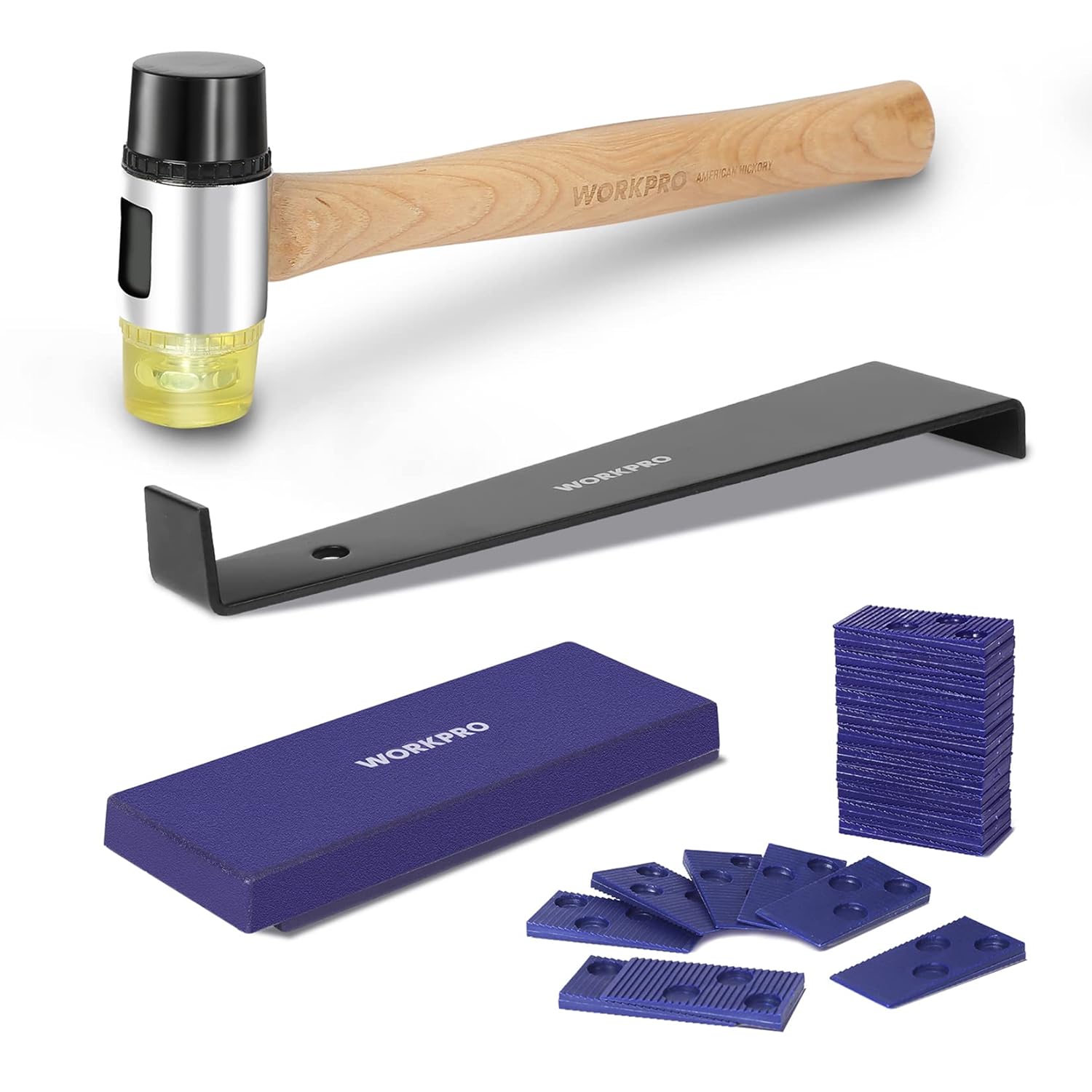 Laminate flooring installation kit tools: double-faced mallet, pull bar, tapping block, spacers