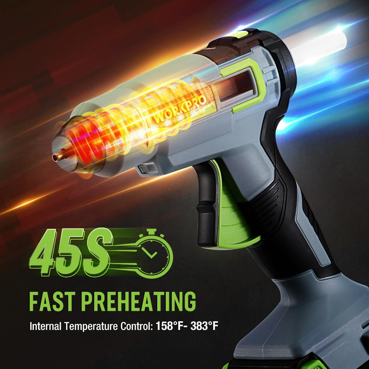WORKPRO cordless hot glue gun with glowing heating stream at the nozzle