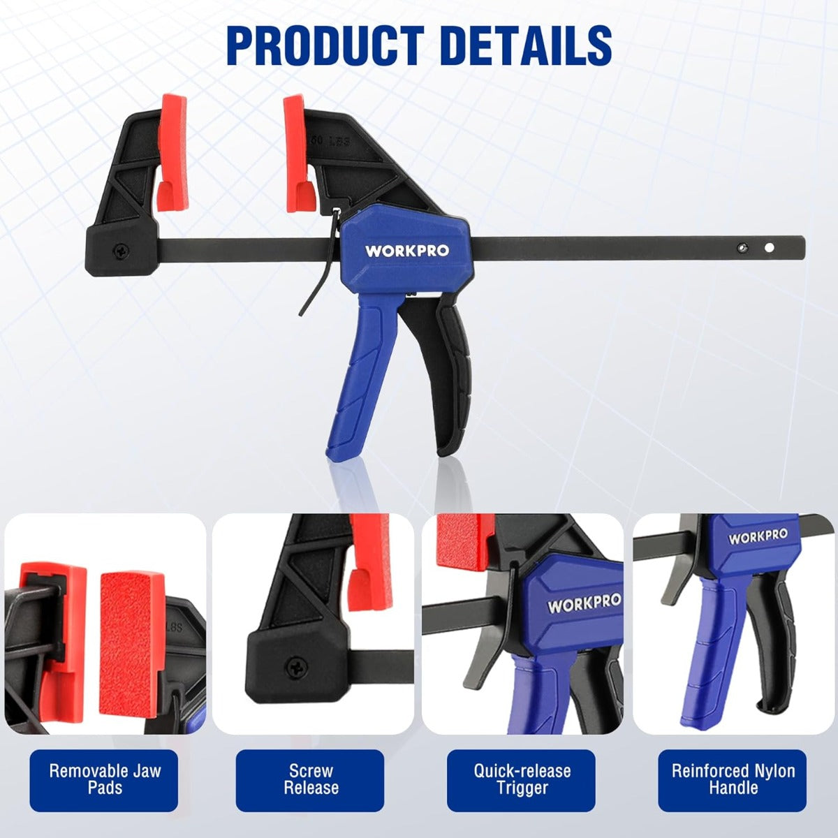Mini bar clamp with blue handle, black body, red jaw pads and metal bar