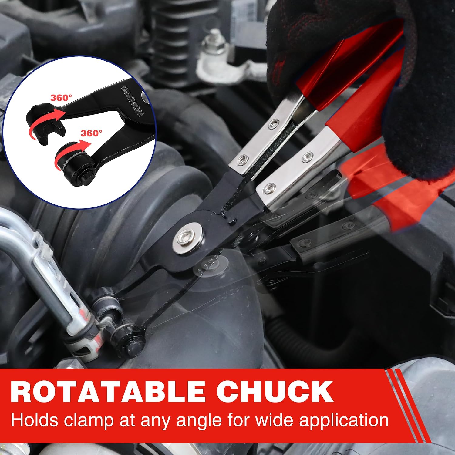 Red-handled hose clamp pliers gripping a metal hose fitting at any angle