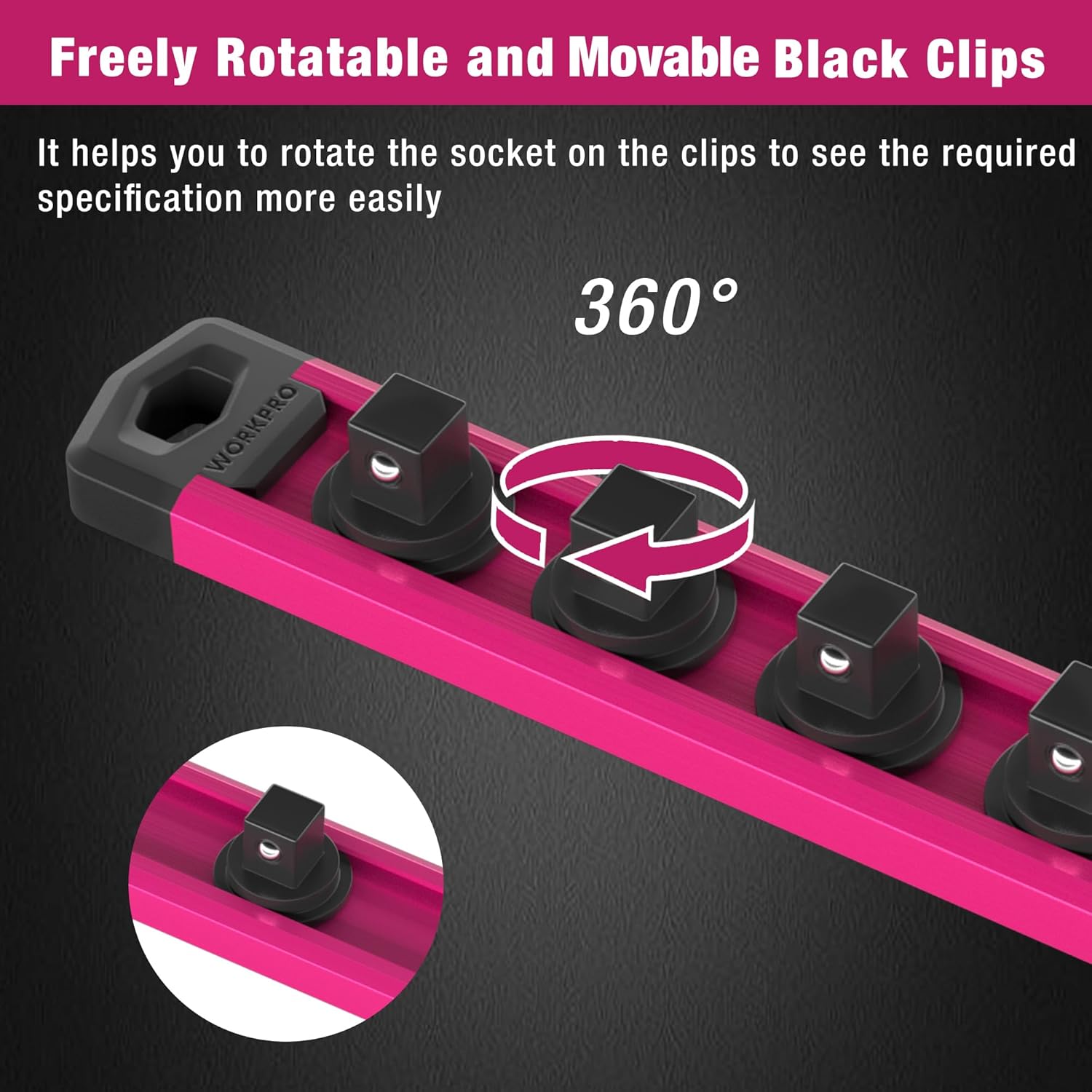 Rotatable black clips on a rose red magnetic socket rail for 360° adjustment
