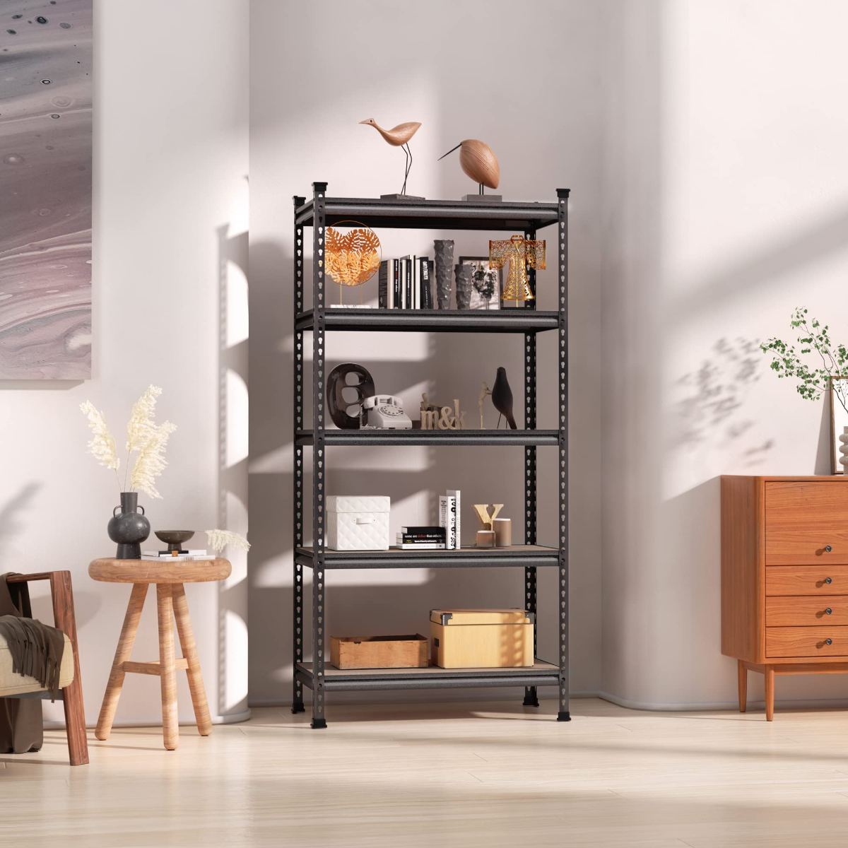 5-tier adjustable metal storage rack with black posts and particleboard shelves