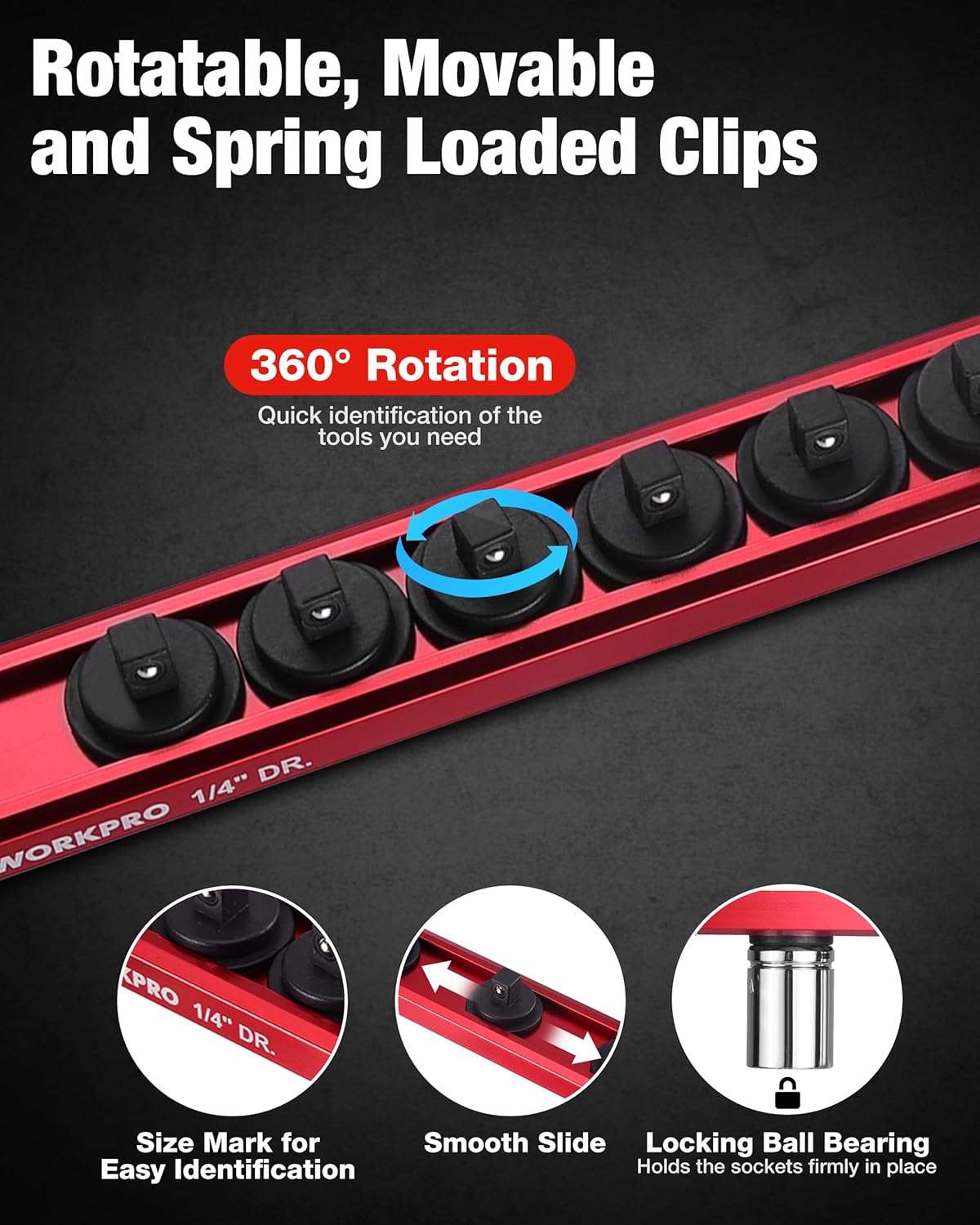 Magnetic socket organizer rail with rotatable spring-loaded black clips on blue base