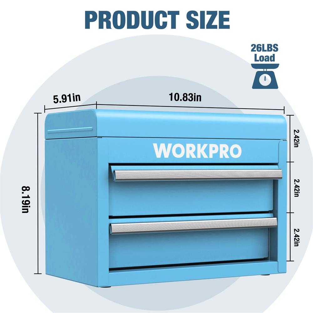 Blue mini tool chest with two drawers and top compartment, front size view