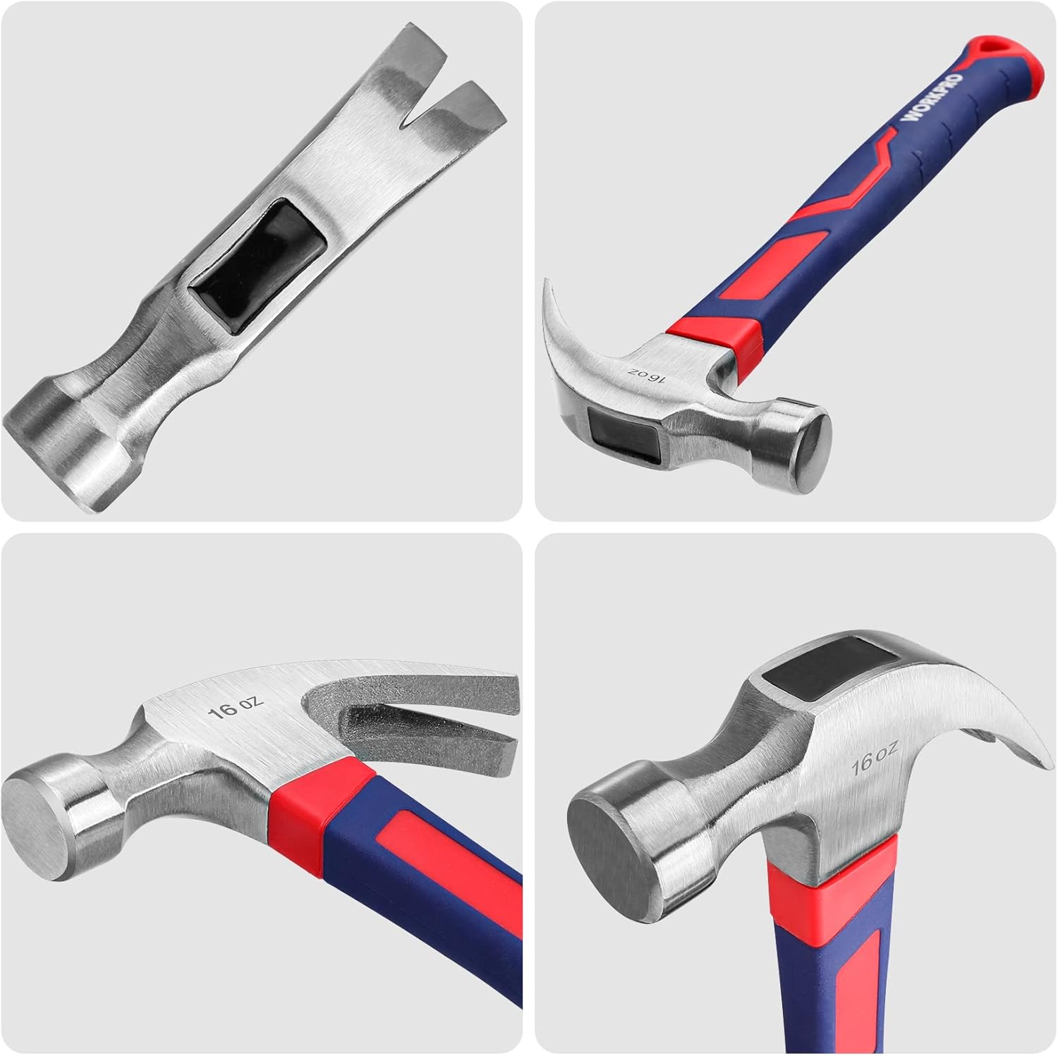 Claw hammer close-up showing claw design, smooth face, and 16 oz steel head