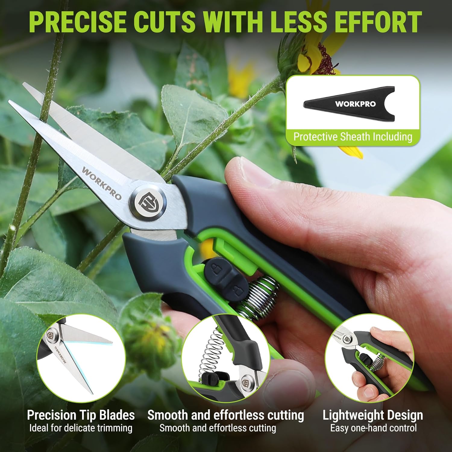 WORKPRO pruning shears with green handles and protective sheath, cutting on stems