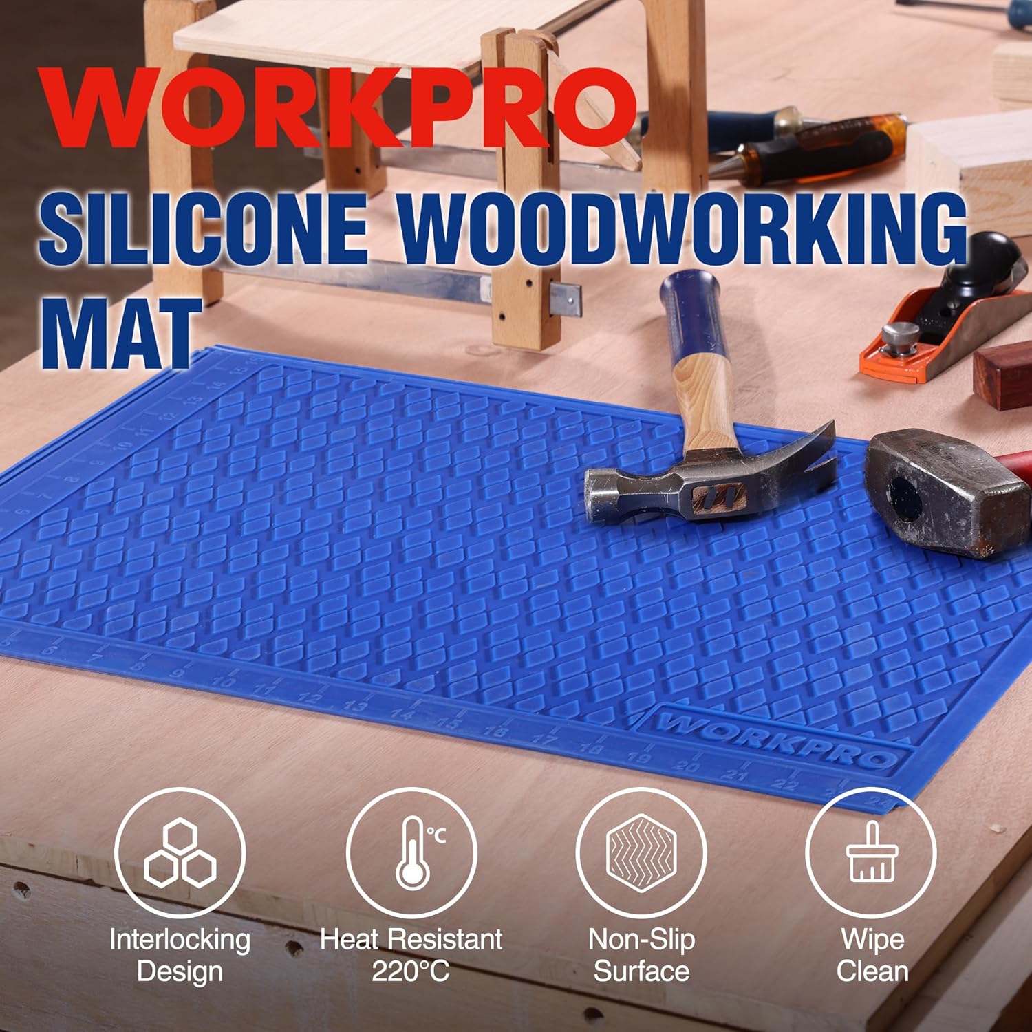 WORKPRO blue silicone woodworking mat with textured non-slip surface and anti-glue protection