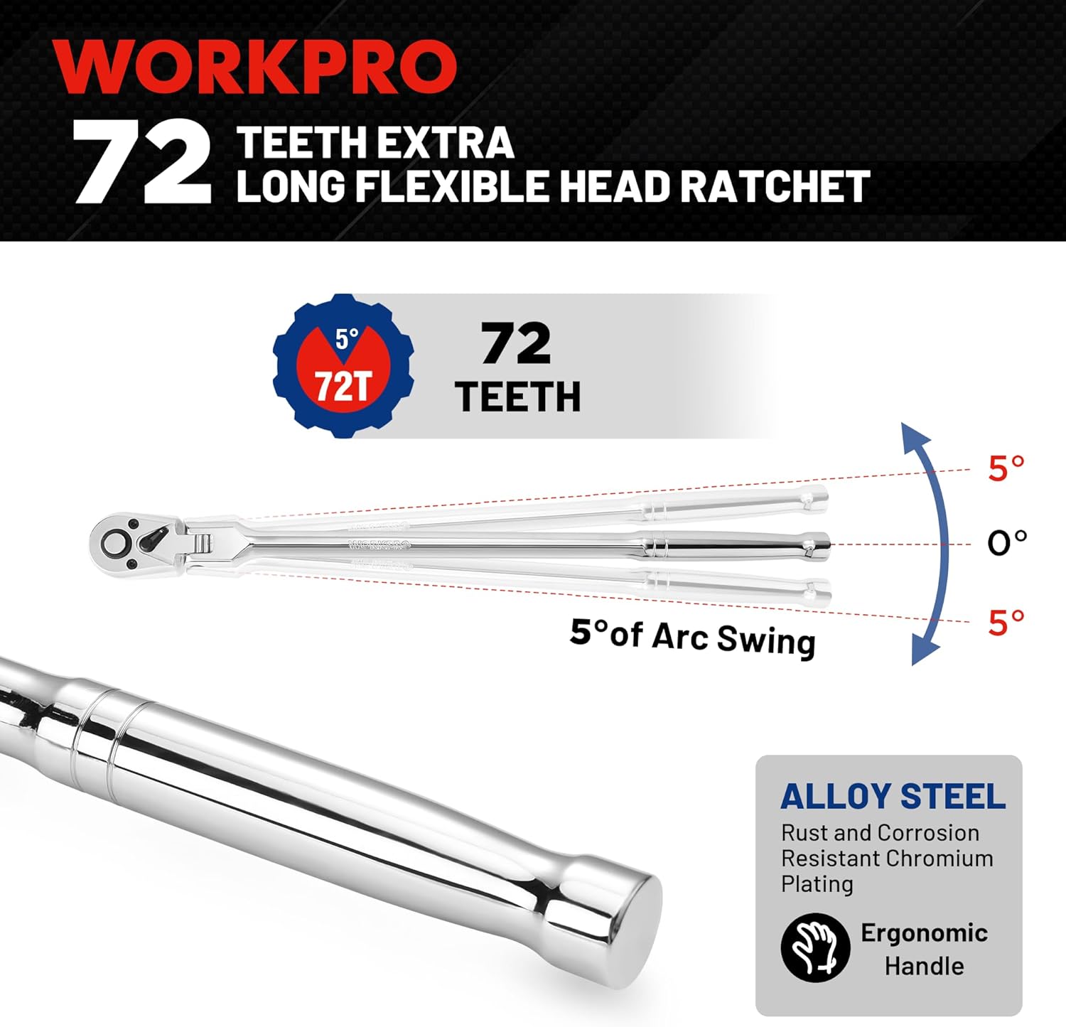 72-tooth flex-head ratchet wrench with long chrome handle