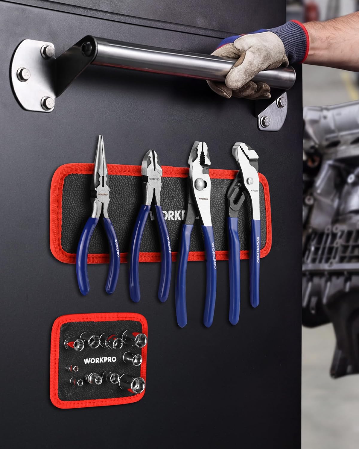Magnetic tool holder pads with hand-held tools attached to a vertical metal surface