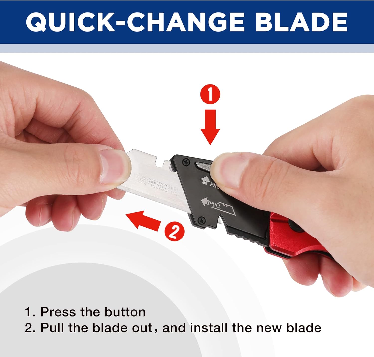 Quick-change blade folding utility knife showing blade release and install