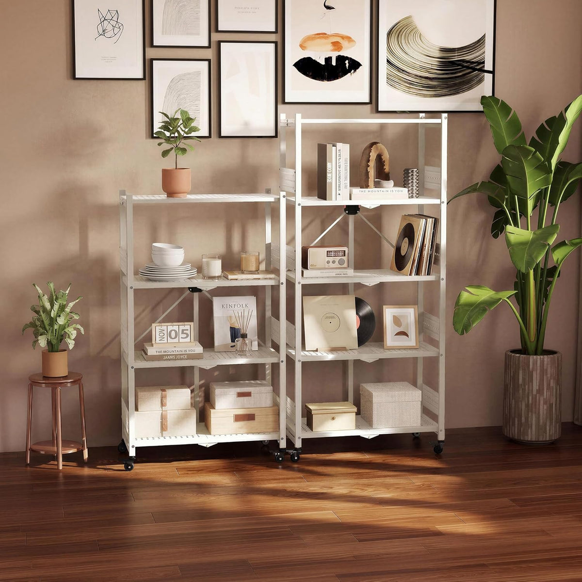 White 4-tier metal shelving unit on wheels with vented shelves, shown in a room.