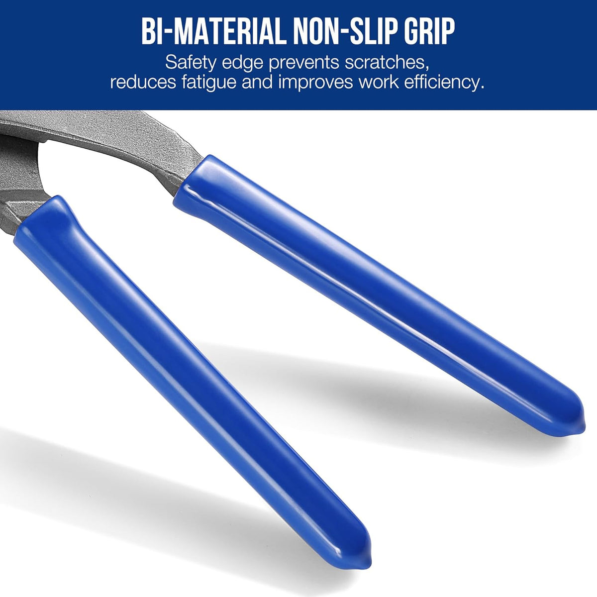 Bi-material non-slip oil filter wrench handles in blue over grey steel jaws