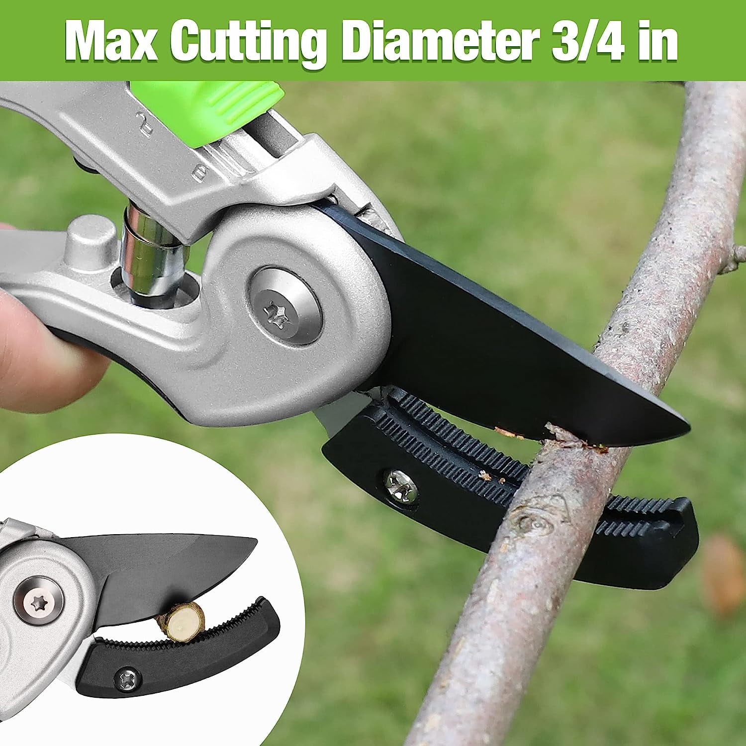 Anvil pruning shears cutting a thick branch with blade and thumb lock visible