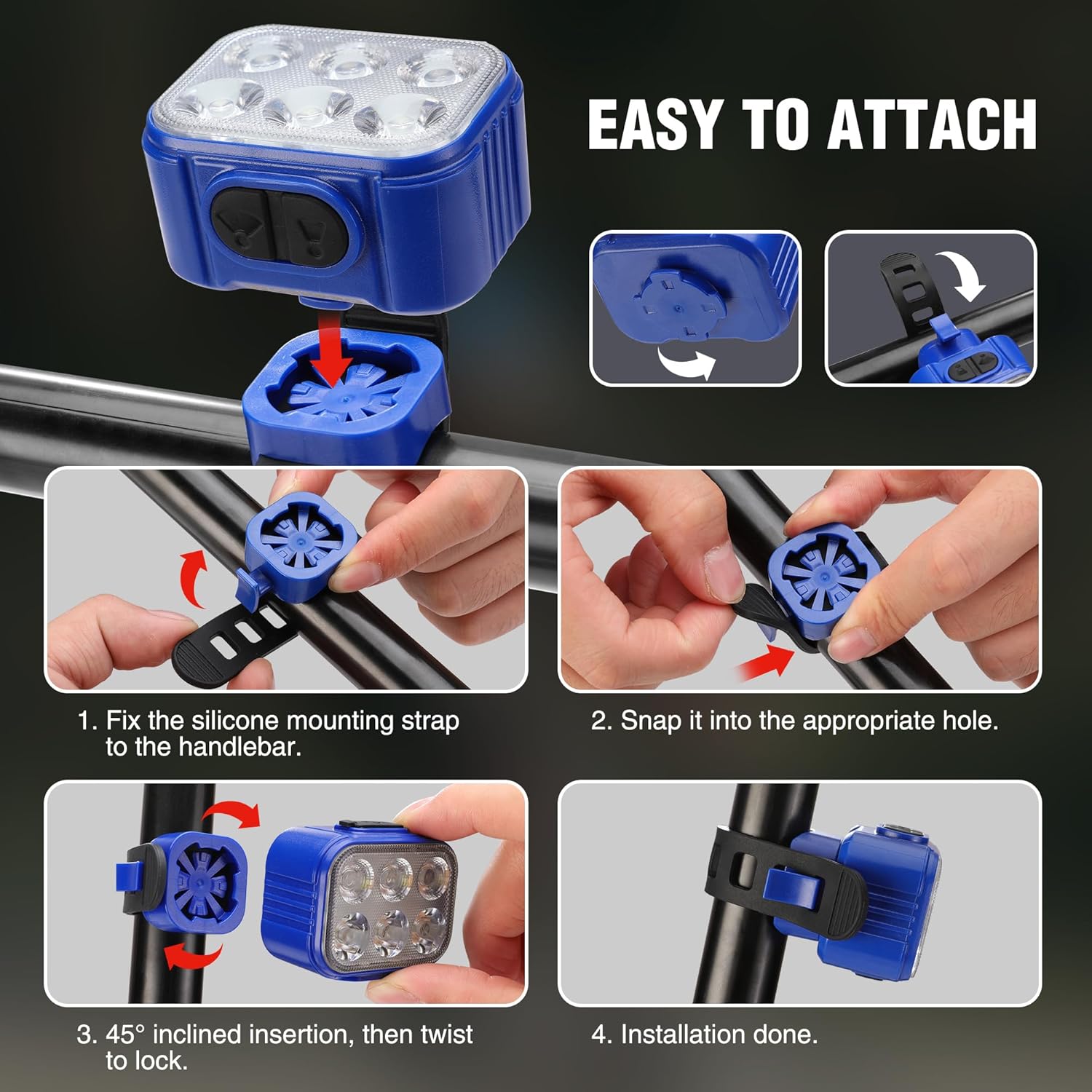 Rechargeable bike light with blue mounting strap and clip attachment system