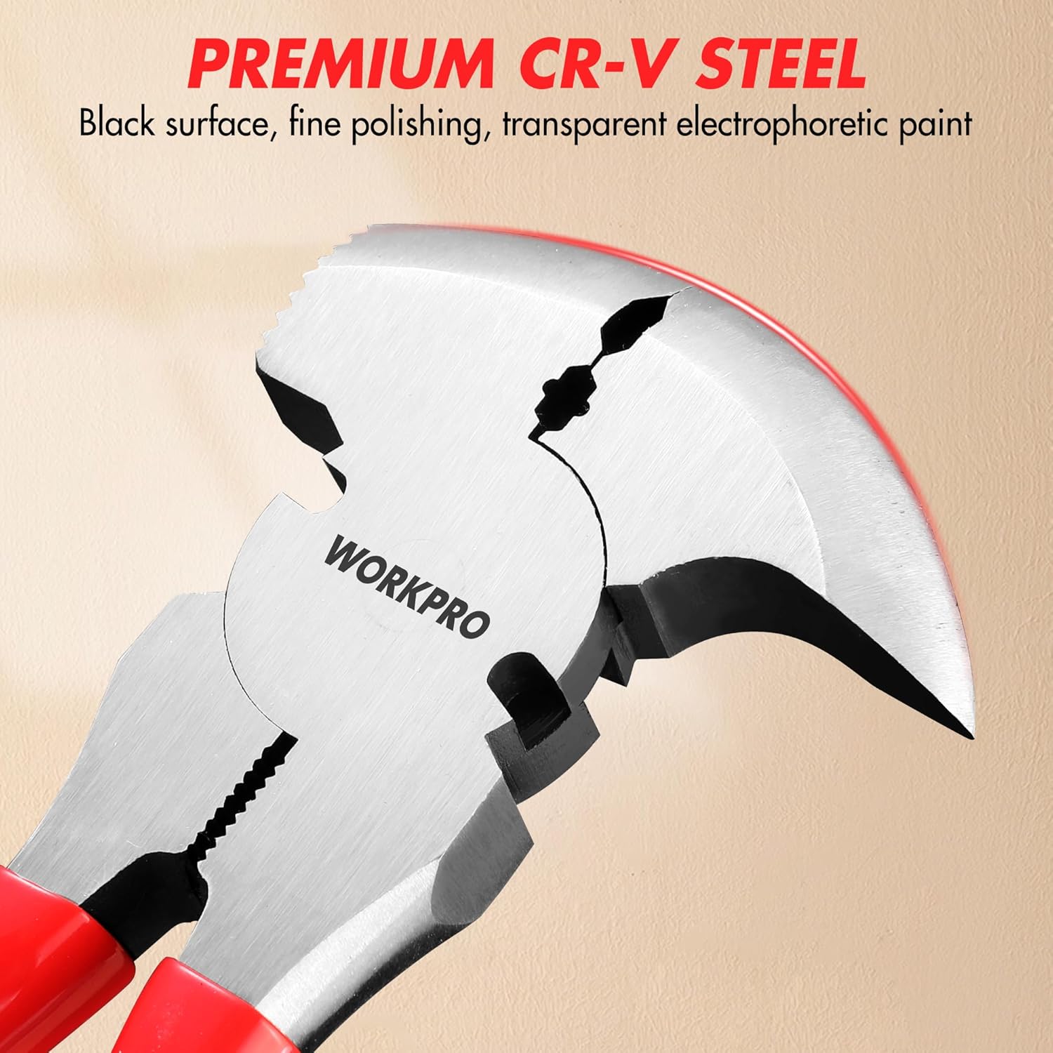 CR-V steel fencing pliers with black finish on steel head and red grip handles