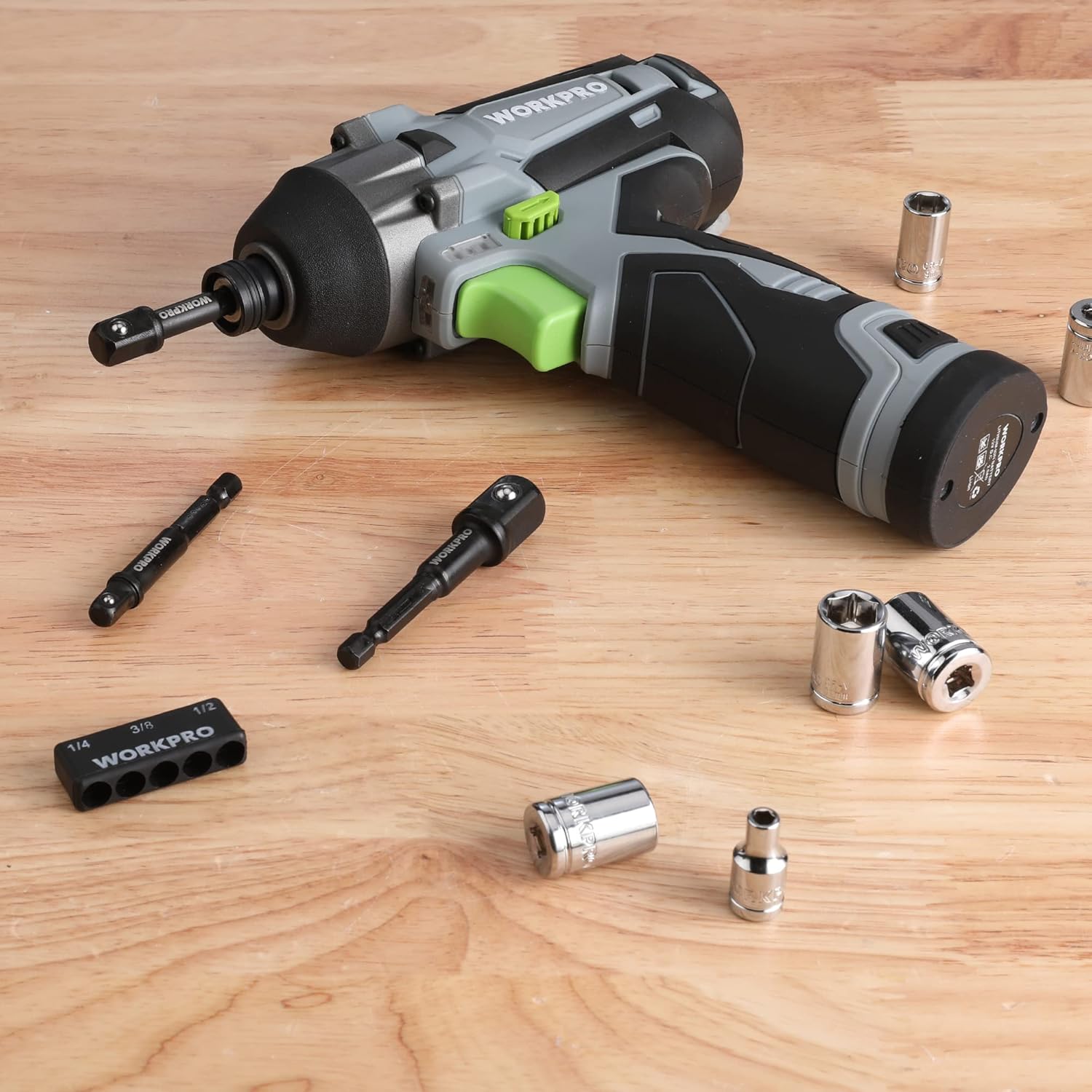 Socket adapter extension set with drill driver, sockets, and holder on a workbench