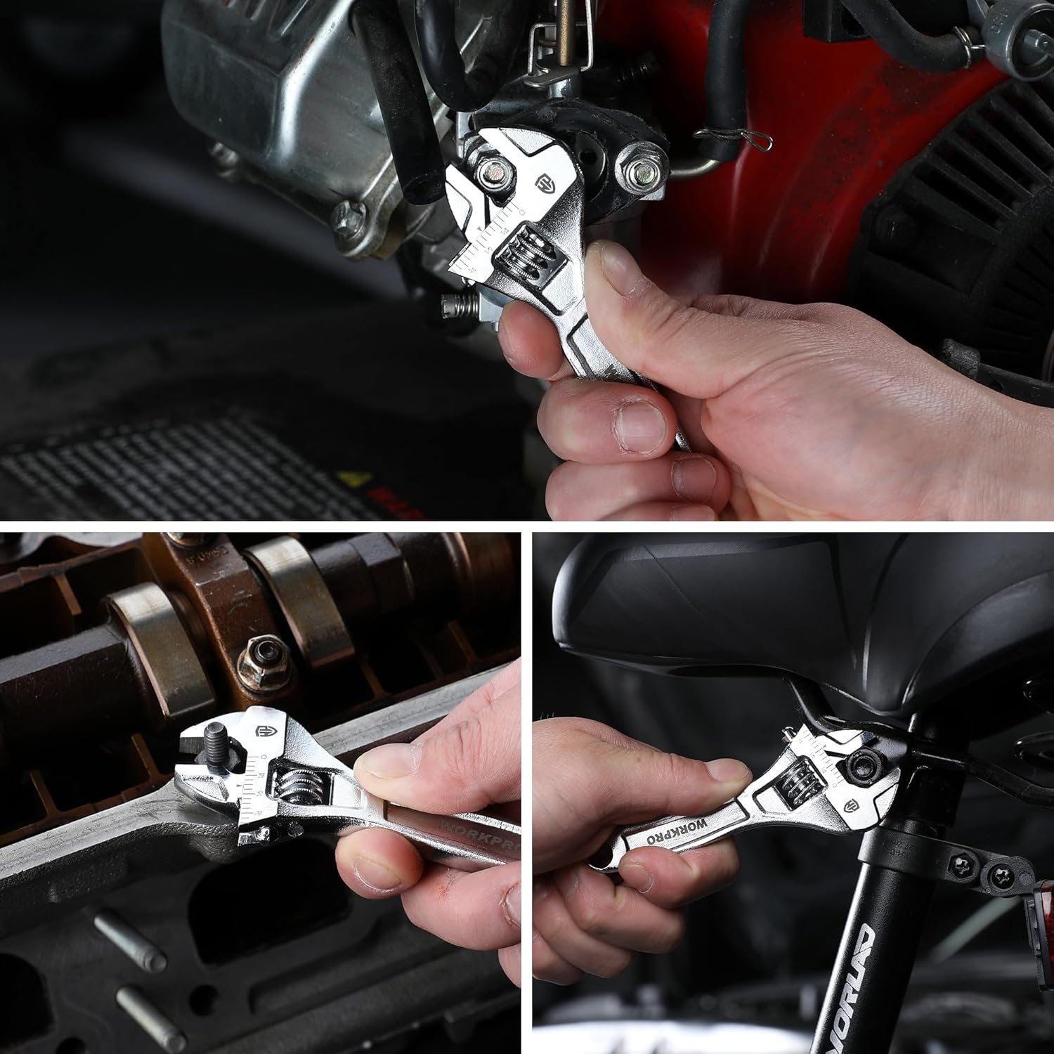 Adjustable wrench tightening a fastener on vehicle engine components.