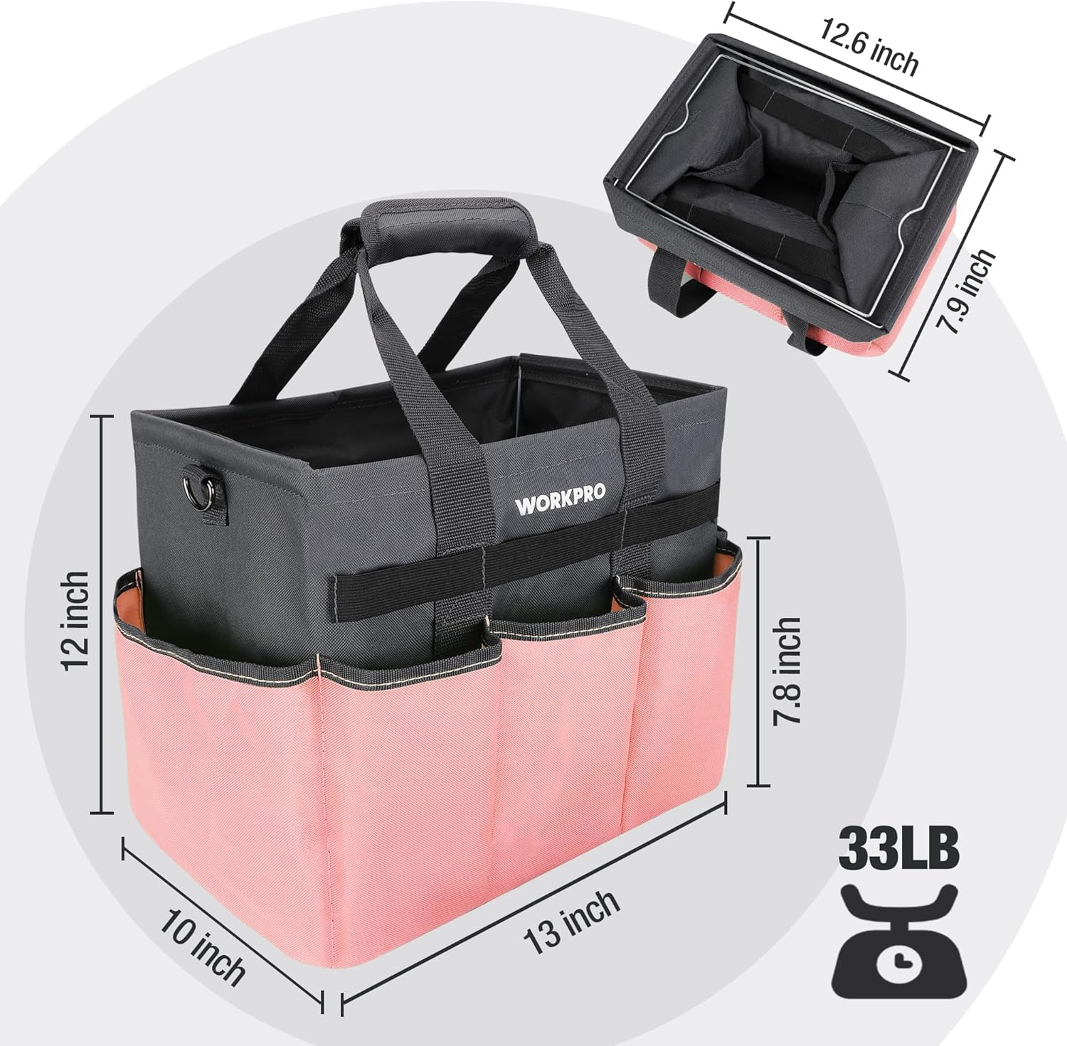 WORKPRO garden tool tote bag with gray handles, pink bottom, and organizer pockets