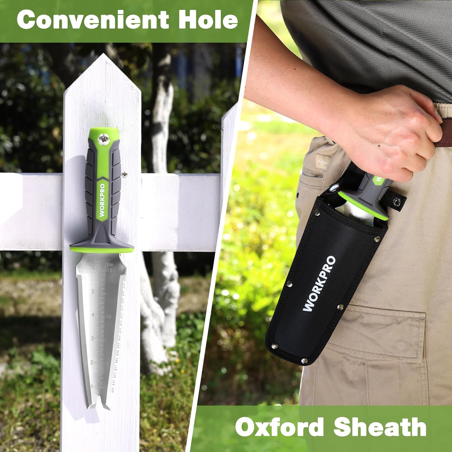 Garden hori hori knife with stainless blade and Oxford sheath for convenient storage