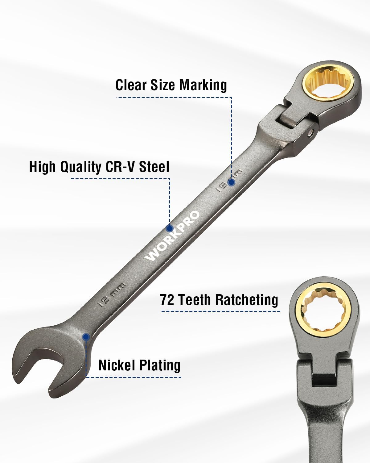 19 mm flex-head ratcheting combination wrench, nickel-plated, 72-tooth 12-point