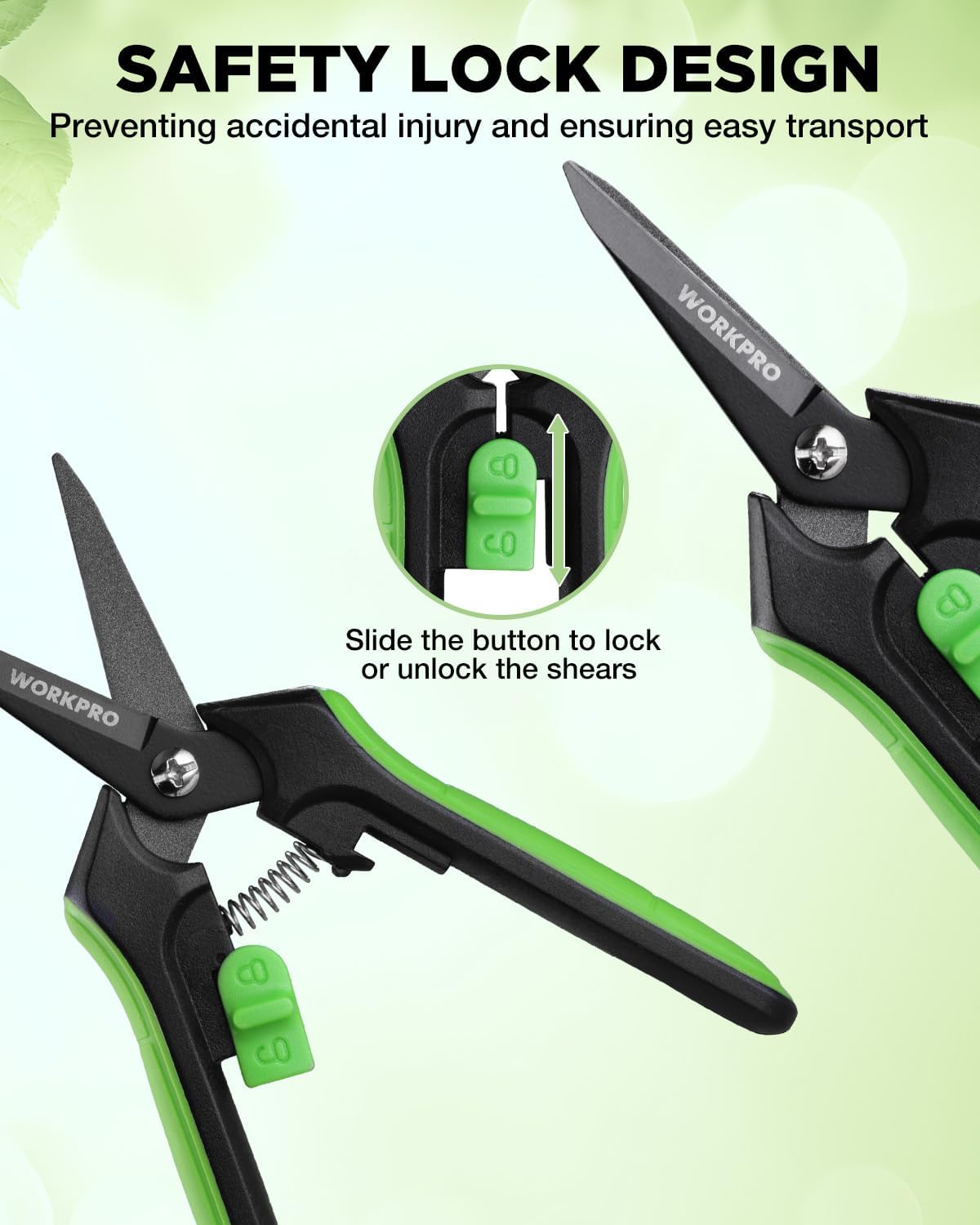 Garden pruning shears with sliding safety lock on black-and-green handles