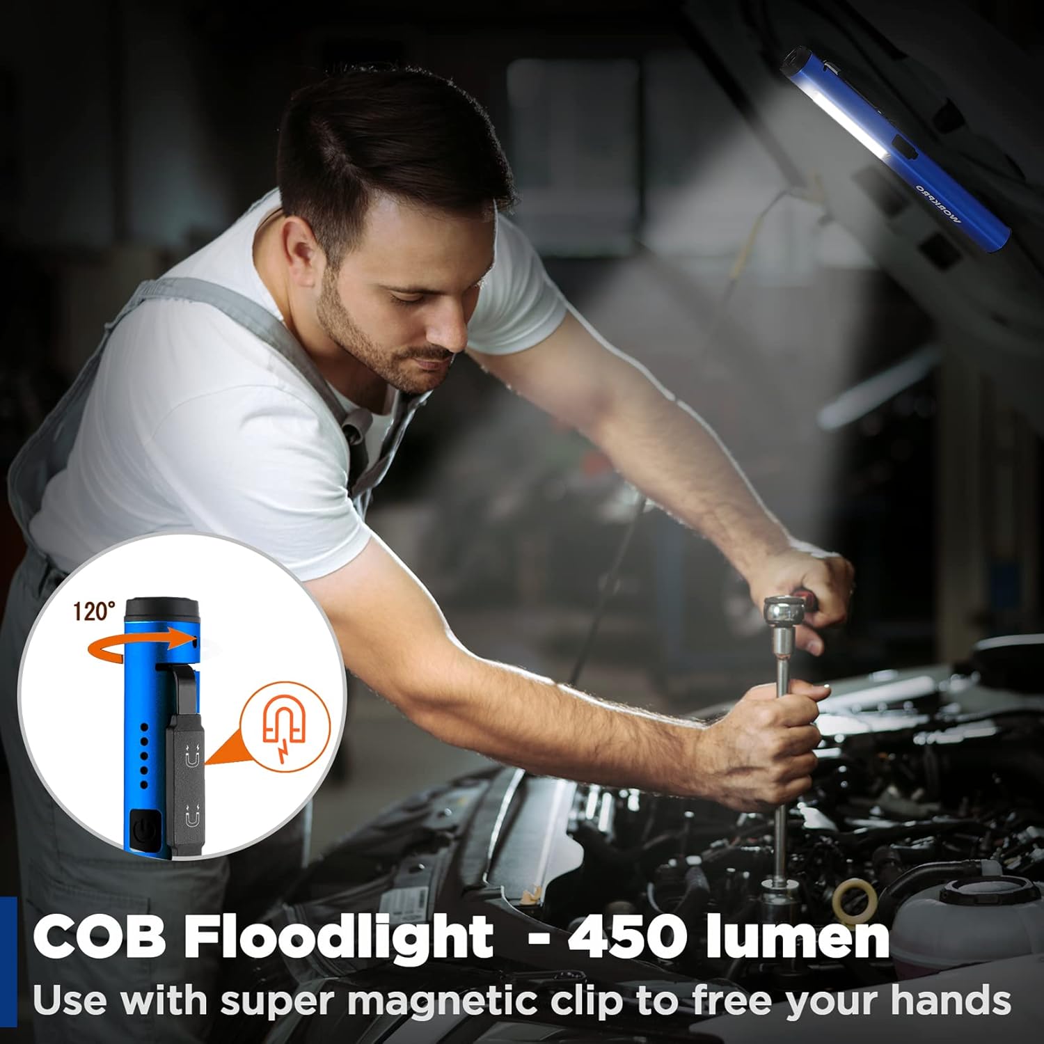 Blue rechargeable penlight with magnetic clip and bright beam, hands-free lighting