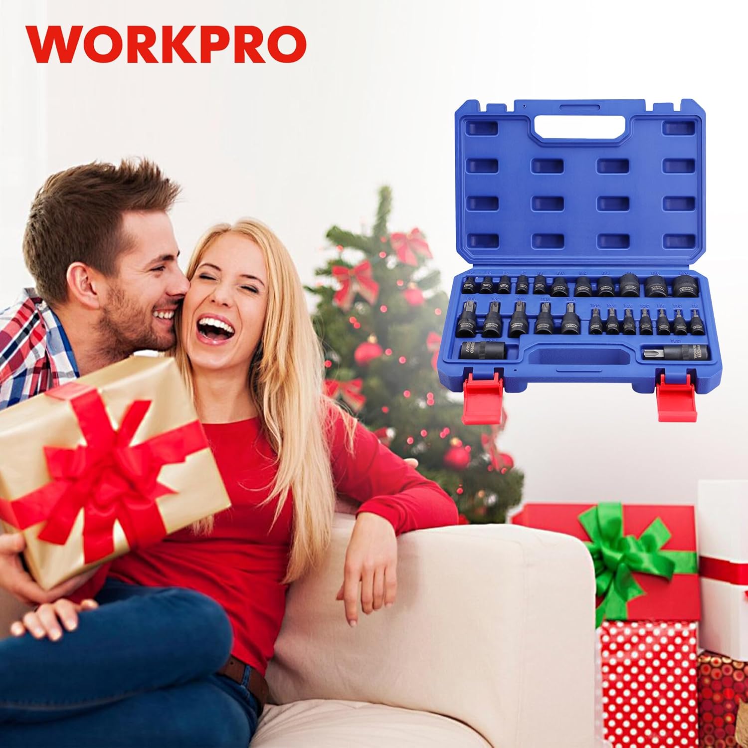 WORKPRO blue storage case kit holding Torx sockets in molded tray