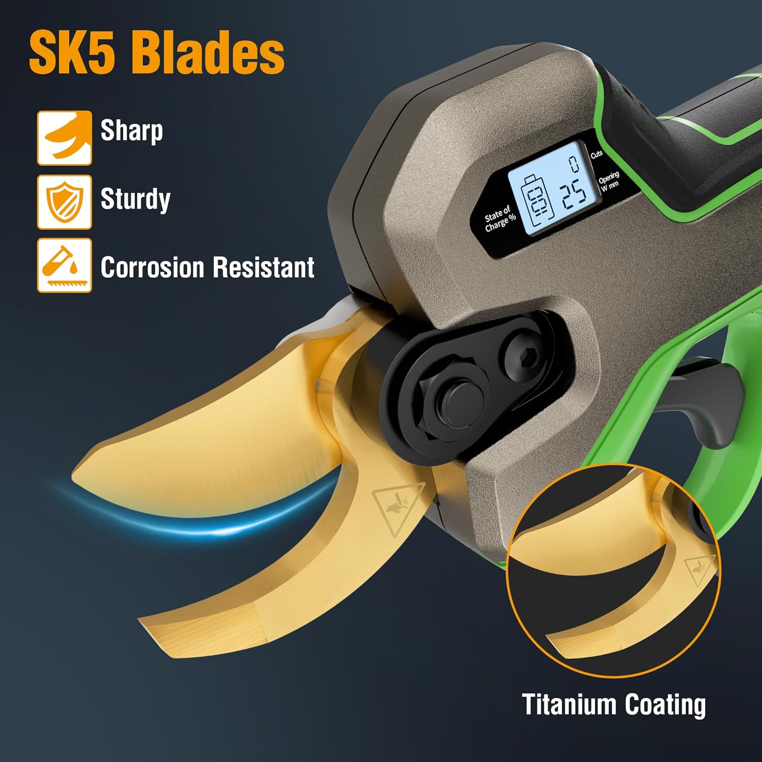 Electric pruning shears with yellow titanium-coated blades and LCD display on green handle