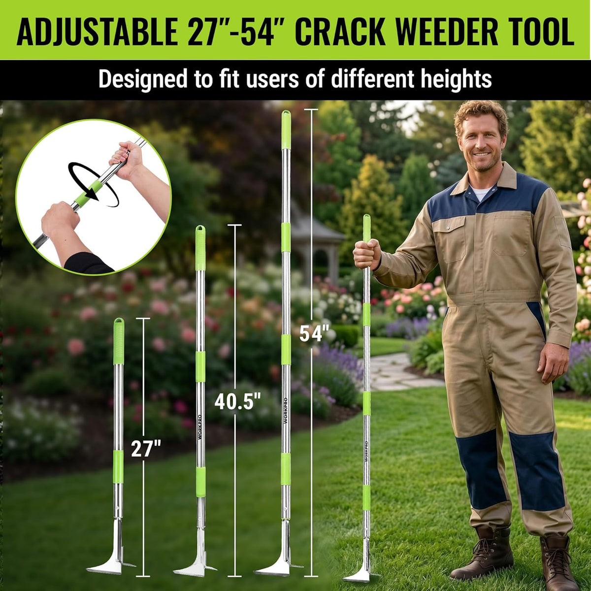 Adjustable crack weeder tool with extending handle, green grips, and L-shaped scraper blade