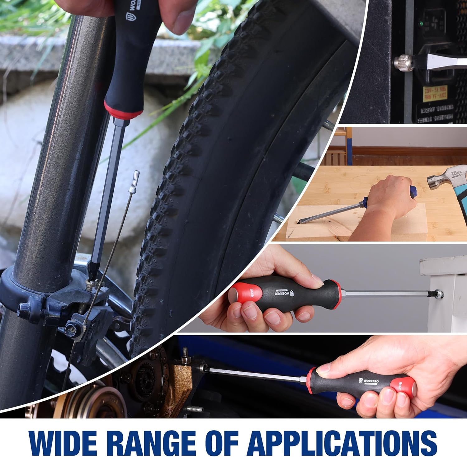 WORKPRO magnetic screwdriver in hand driving a screw into wood during assembly