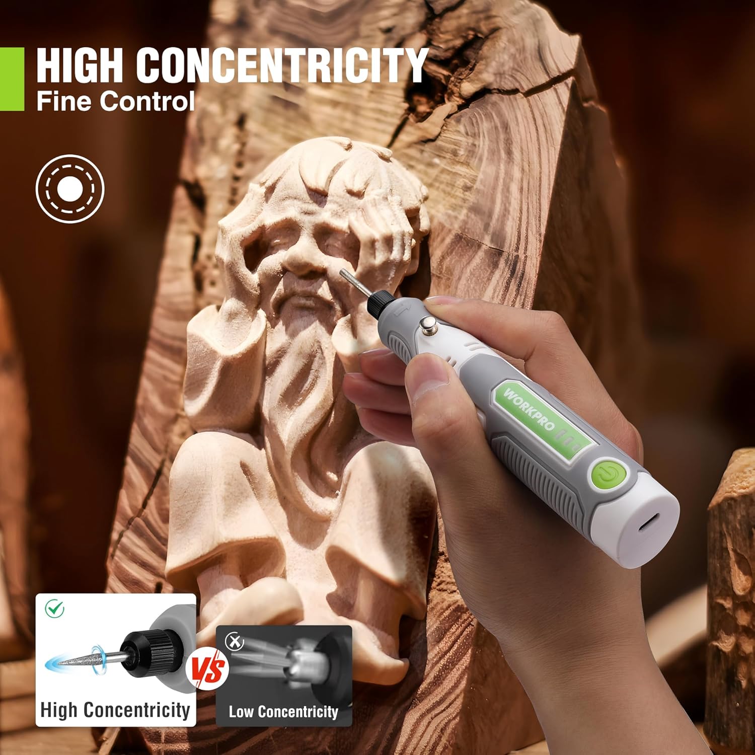 Cordless rotary tool engraving on carved wood, gray and white body with green display