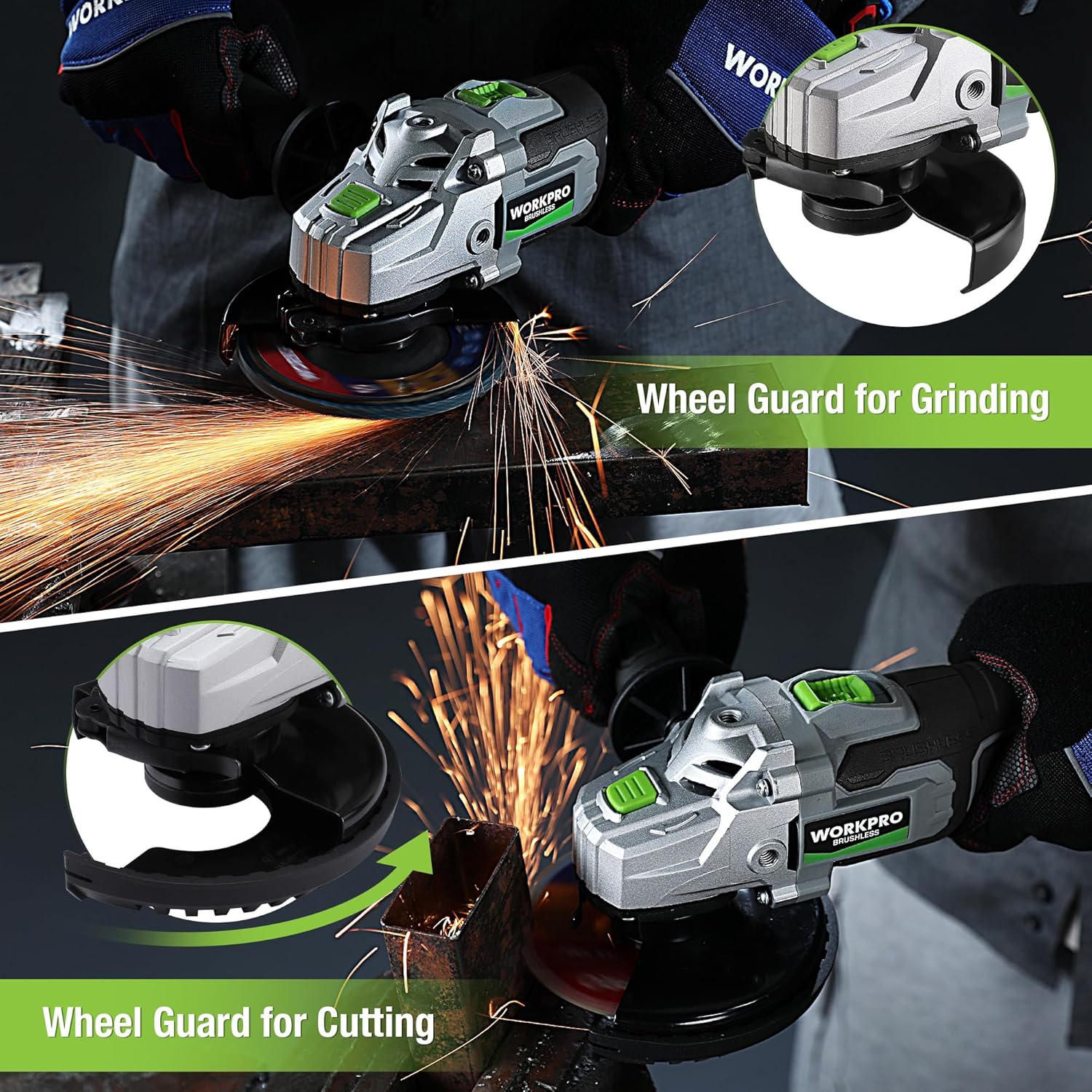 WORKPRO cordless angle grinder with wheel guard and spark scene on a metal workpiece