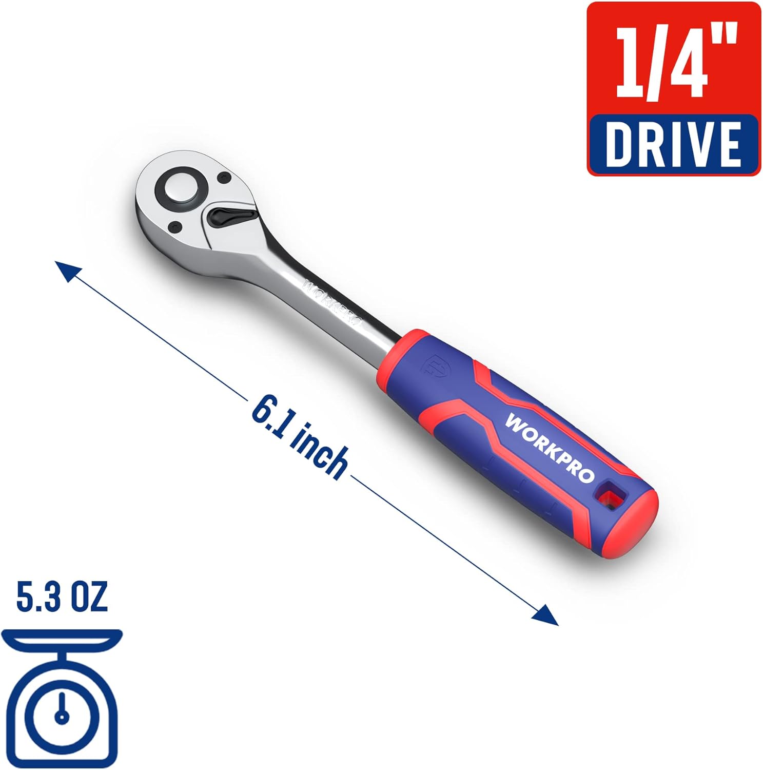 WORKPRO 1/4-inch drive ratchet wrench with chrome finish and blue/red grip handle