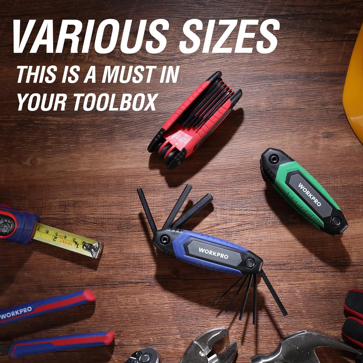 WORKPRO folding hex key sets in multiple sizes with red, blue, and green key holders