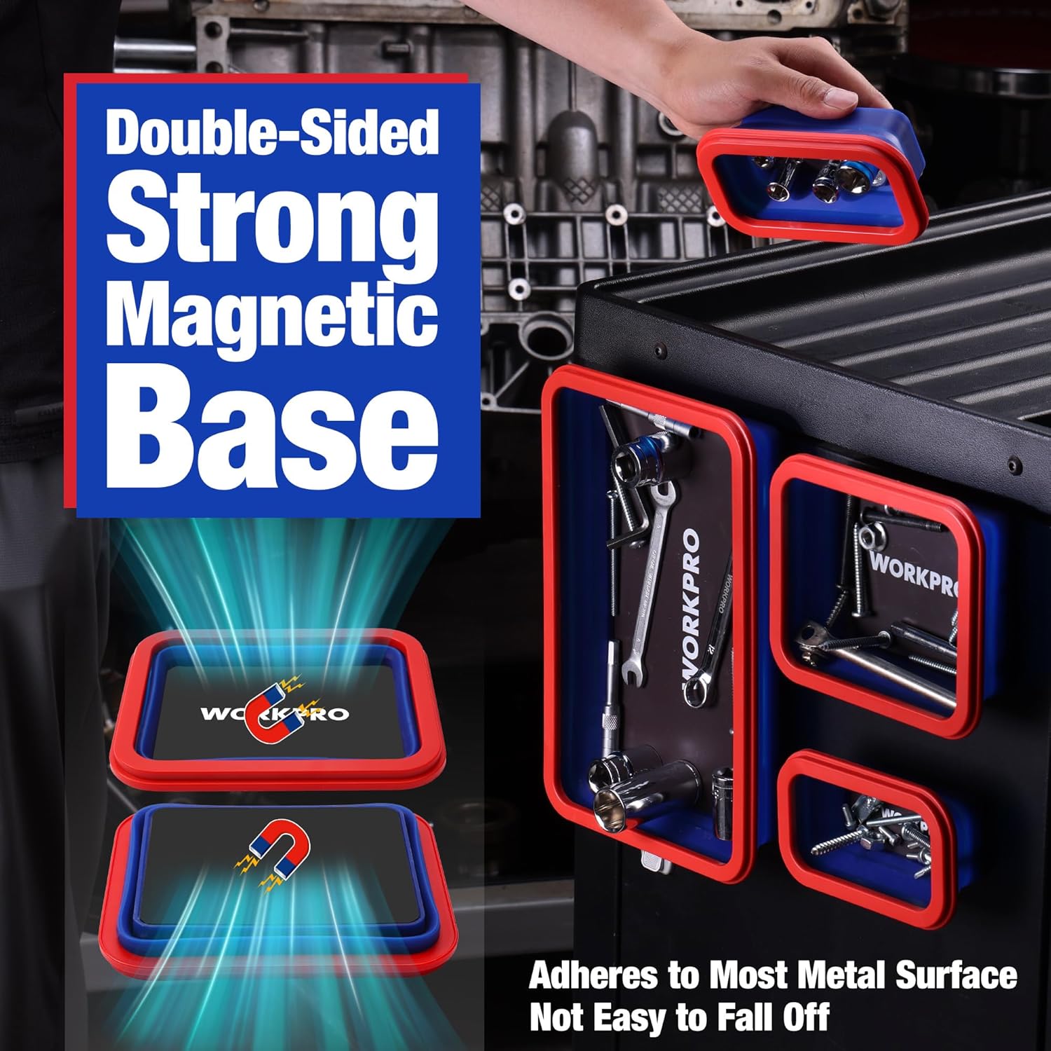 Red and blue double-sided magnetic parts tray set with foldable trays