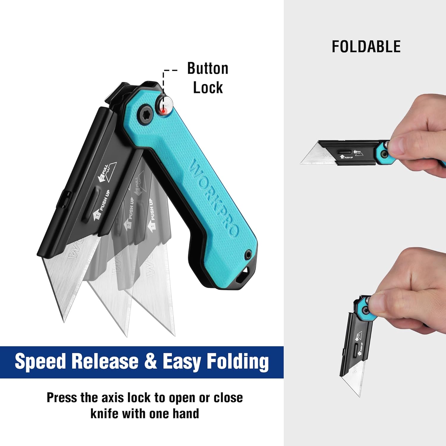 Compact folding utility knife with button lock and visible hinge and blade storage.