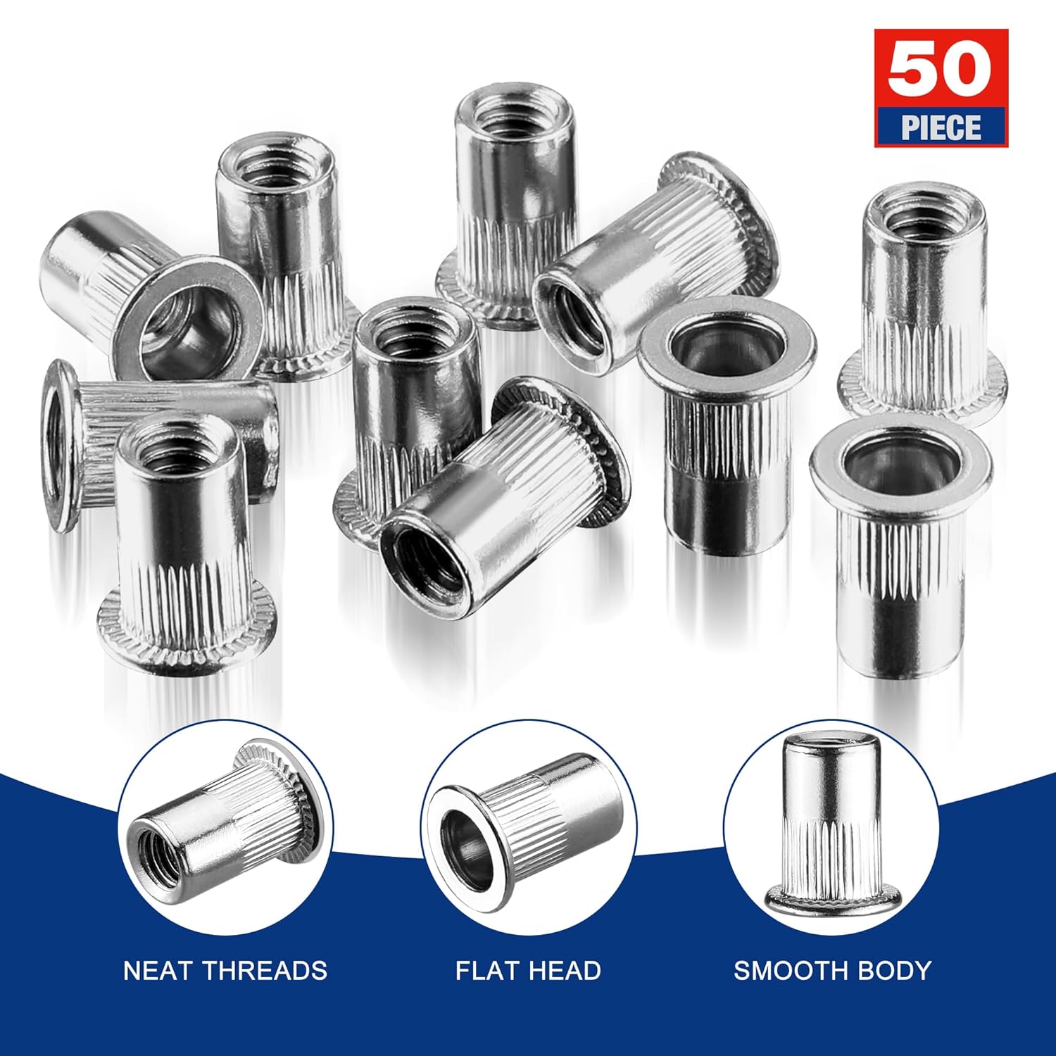 Set of stainless steel flat-head rivet nuts with knurled grip, threaded insert fasteners