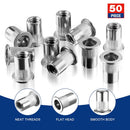 WORKPRO 50Pcs Rivet Nuts, 1/4”-20 Stainless Steel Rivnut, Flat Head Threaded Insert Nutserts with Knurled Body