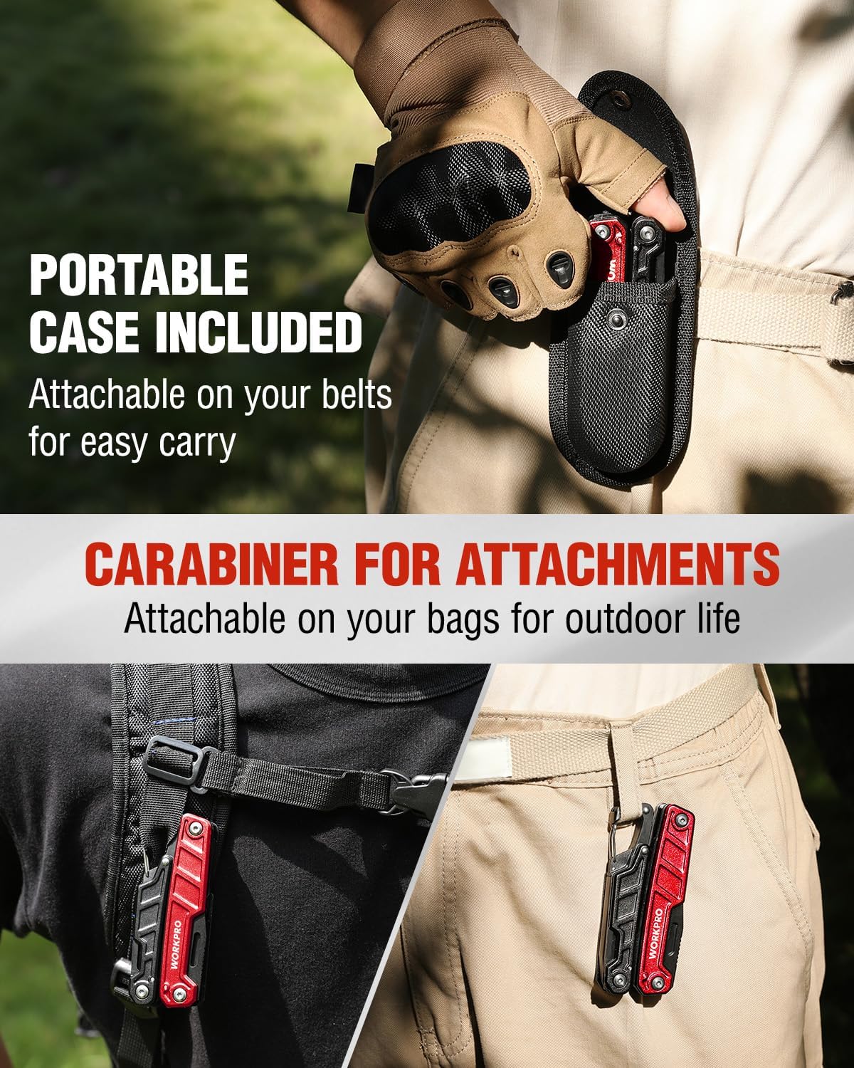 Multitool with black carry pouch and carabiner clip, red and black plier handles